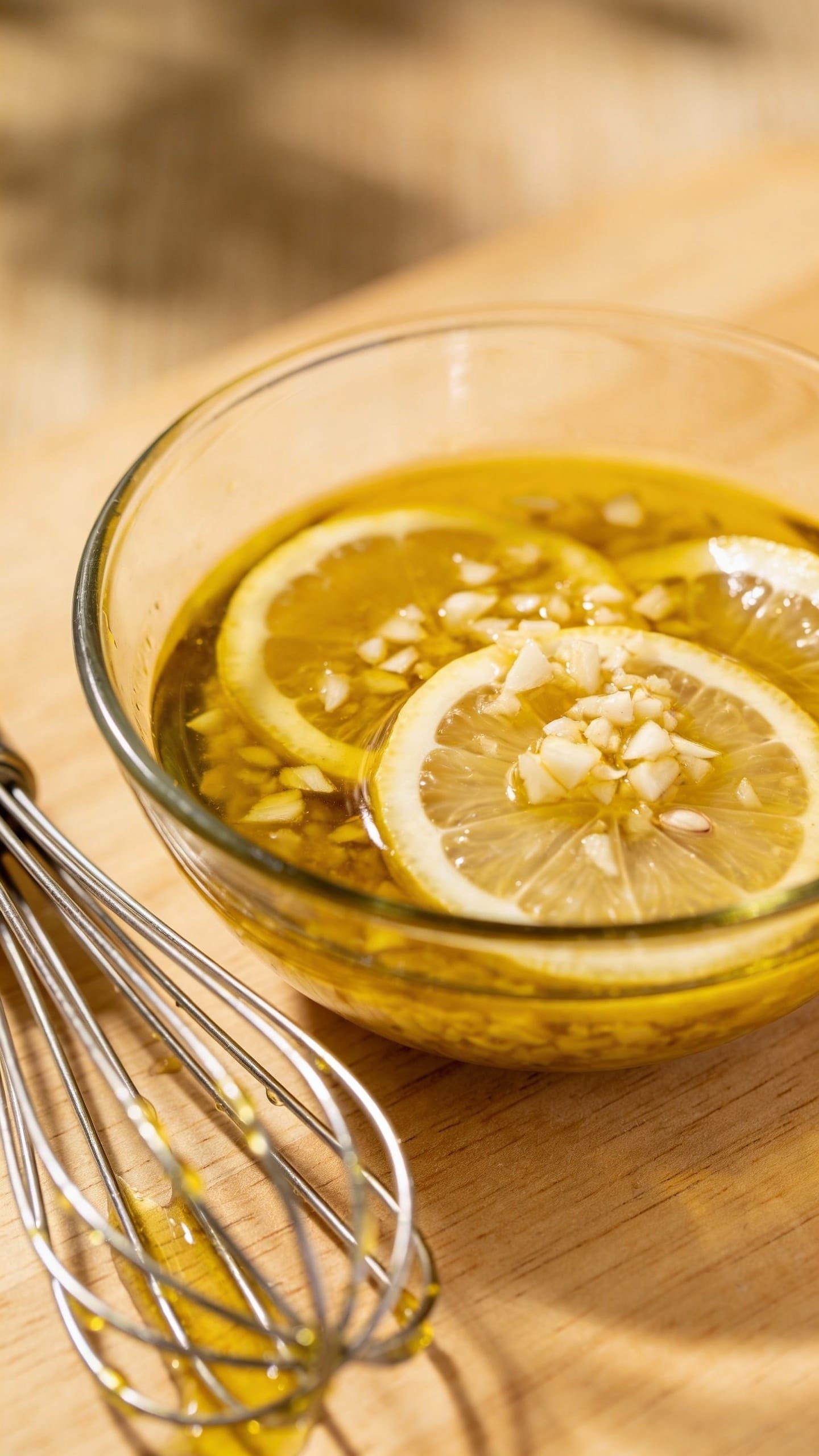 garlic lemon marinade with olive oil in glass bowl, whisk