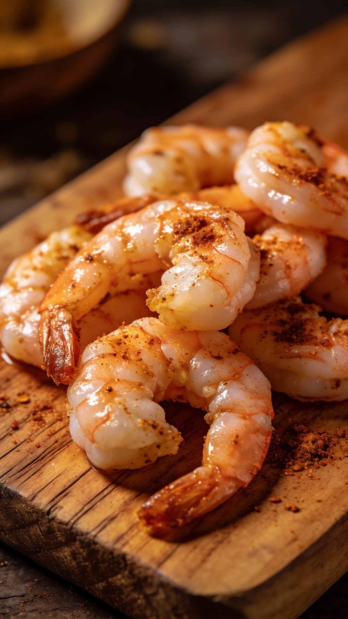 Shrimp tossed in Cajun spices, pre-sear on wooden board