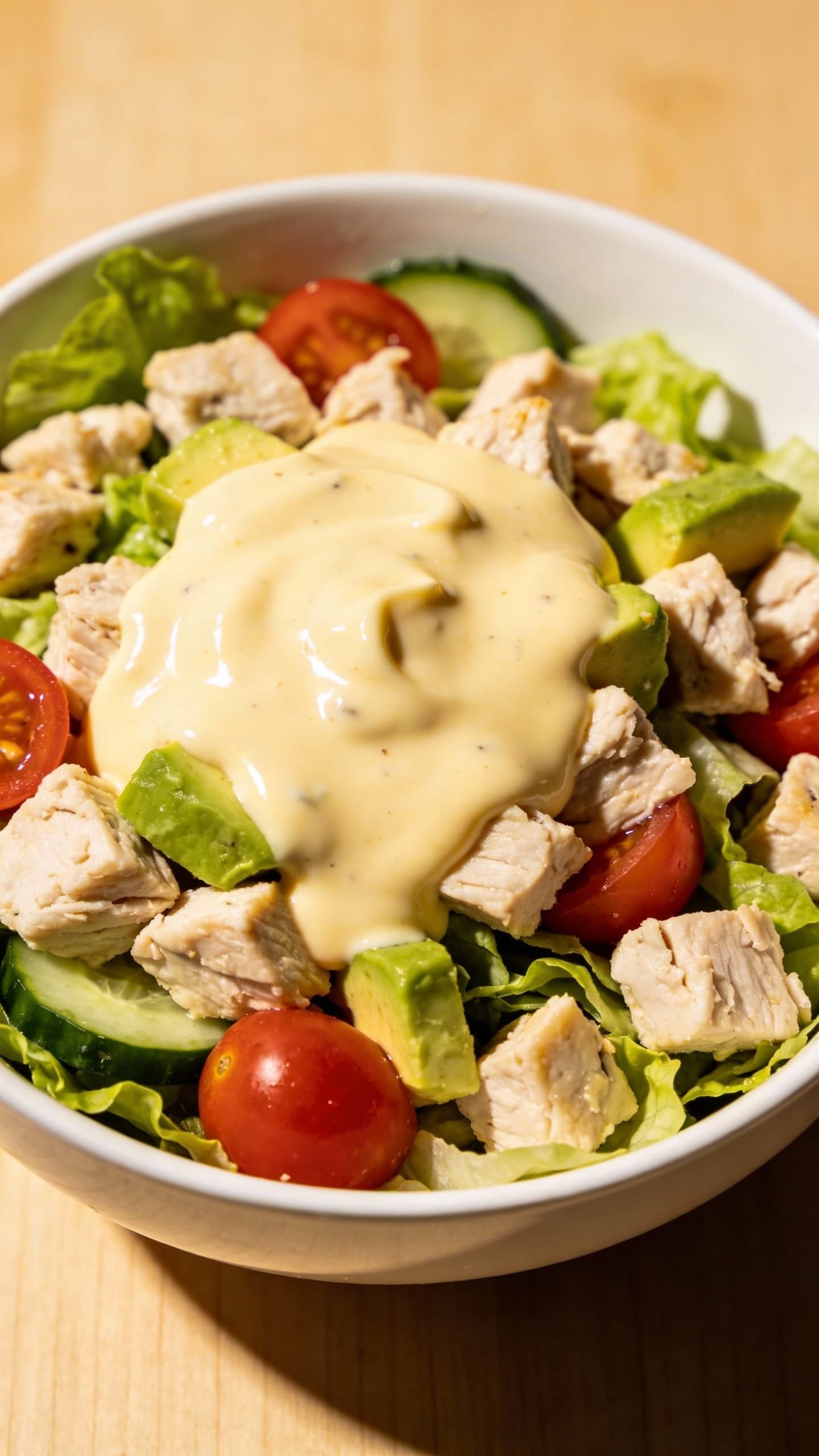 keto chicken salad in white bowl, creamy mayo dressing