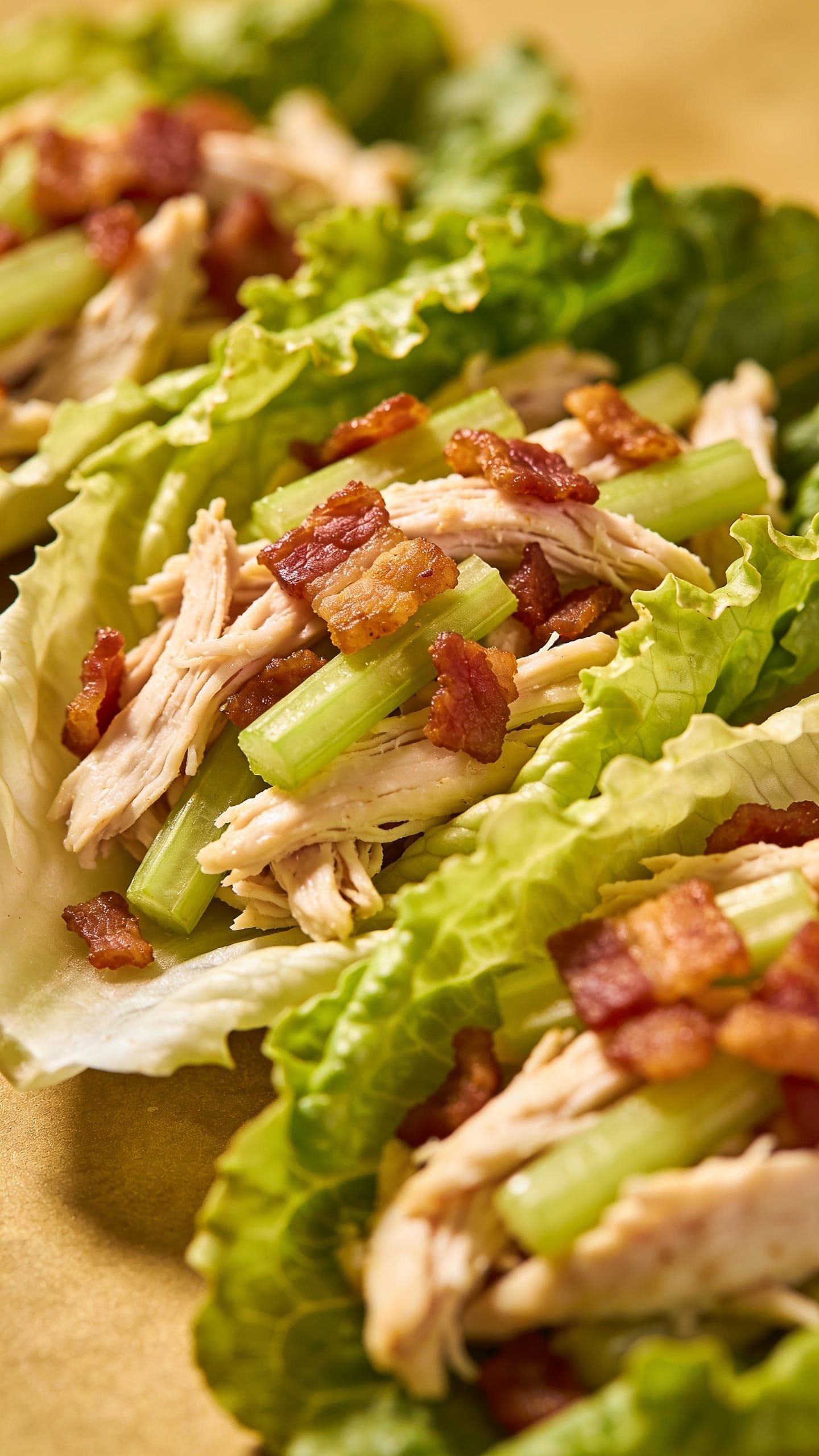 lettuce cups filled with shredded chicken, crunchy celery, bacon