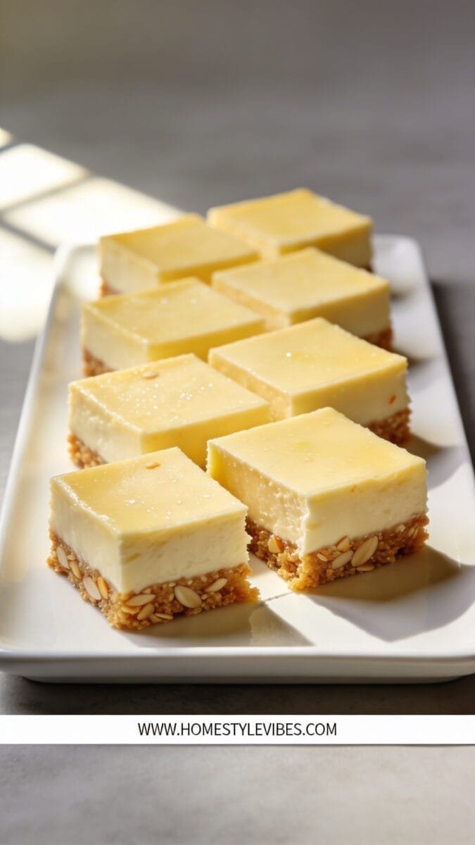 Vertical 9:16, hyper-realistic high-end editorial food photograph of keto lemon cheesecake squares with a butter-almond crust, sliced cleanly into neat squares and arranged slightly staggered on a matte white rectangular platter. Each square shows a smooth, creamy pale lemon-yellow cheesecake layer atop a visible golden-brown almond crust with fine crumb texture; edges are sharp and tidy, no crumbs scattered. One square is slightly pulled forward with a precise, clean cut to reveal the distinct two-layer structure. No sauces, no toppings, no berries, no mint, no powdered sugar—absolutely no extra decor elements. Background is a clean, soft neutral warm gray surface with intentional negative space and a calm, minimalist, expensive mood. Soft natural window light from the left casts gentle, directional highlights and subtle shadows for depth; strong but natural contrast separates subject from background. Composition keeps the cheesecake squares occupying the central 60–70% of the vertical frame, optimized for mobile Pinterest scroll, with a shallow depth of field that keeps the front squares crisply in focus and the back edge softly blurred. No people, no hands, no clutter, no irrelevant props—only the platter with lemon cheesecake squares. Ultra-realistic textures: silky cheesecake surface with faint micro-sheen, delicate tangy pale hue, buttery almond crust with light toasty flecks, clean knife lines. Color palette restrained to creamy yellows, warm golden crust, white platter, and neutral gray background. At the very bottom, a thin WHITE strip containing centered small clean text: “WWW.HOMESTYLEVIBES.COM”. No other text anywhere.