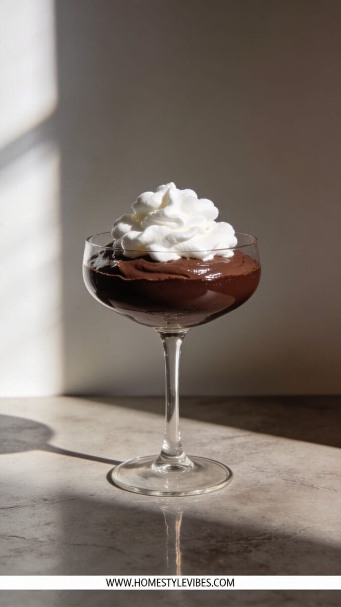 Vertical 9:16, ultra-realistic, high-end editorial photo of a no-bake keto silk chocolate mousse served in a single elegant, clear glass dessert coupe, topped with soft billowy whipped cream clouds only. The mousse appears silky, glossy, and deeply chocolatey with a perfectly smooth surface, no graininess, no added garnishes. Whipped cream is gently swirled in natural, cloud-like peaks, slightly offset to show the luscious mousse beneath. Minimalist setting: coupe centered and occupying 60–70% of the vertical frame on a clean, matte, warm-gray stone surface with a subtle reflection; background a smooth, neutral taupe-to-warm-gray gradient wall for calm, expensive mood and strong but natural contrast. One-direction soft natural window light from the left creates subtle highlights on the glossy mousse and delicate shadows from the coupe stem for depth and dimension; shallow depth of field isolates the dessert with gentle falloff. No extra decor, no cocoa powder, no berries, no mint, no sauces, no utensils, no napkins, no additional elements. Composition clean and intentional with negative space above for a refined luxury magazine aesthetic, Pinterest-optimized. Hyper-realistic texture detail on mousse and whipped cream. Color palette: rich dark chocolate, ivory cream, neutral grays and taupes. No people, no hands, no text on image except footer. At the very bottom, a thin WHITE strip spans the width with centered small clean text: “WWW.HOMESTYLEVIBES.COM”