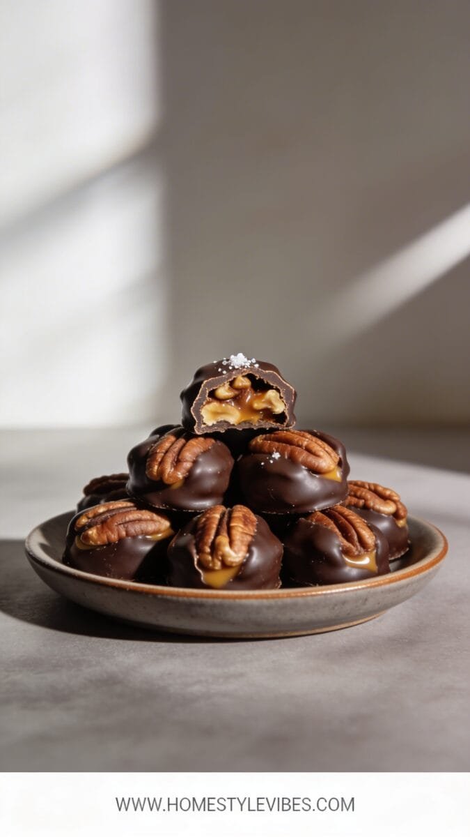 Vertical 9:16, Pinterest-optimized, hyper-realistic, ultra-realistic high-end editorial food photograph of keto salted pecan caramel turtles: clusters of toasted pecan halves topped with a visible layer of chewy caramel and coated in a glossy dark chocolate shell with a clean, crisp snap edge where one turtle is neatly broken in half to reveal the caramel and pecans inside. No added ingredients, no extra flavors, no garnishes. A small sea salt sprinkle only on the chocolate surface of a few turtles (consistent with “salted”). The turtles are the sole subject, arranged in a tight, intentional cluster on a matte, warm-gray ceramic plate with a very low rim, placed on a smooth, neutral soft-gray surface. Clean background in complementary neutral tones with intentional negative space above and around the plate. Soft natural window light entering from the left, subtle directional shadows to the right, strong but natural contrast, silky chocolate highlights, and detailed texture in pecans and caramel. Shallow depth of field: the central broken turtle is sharply in focus, surrounding turtles fall softly out of focus. No people, no hands, no crumbs beyond minimal natural ones near the broken piece, no extra decor elements, no cloths, no utensils, no packaging. Calm, expensive, minimalist mood, refined luxury magazine aesthetic. Subject occupies central 60–70% of the vertical frame, composition optimized for mobile scrolling. Color palette: deep chocolate brown, warm golden caramel, toasted pecan brown, and neutral grays. At the very bottom, include a thin WHITE strip with centered small clean text: “WWW.HOMESTYLEVIBES.COM” and no other text anywhere.