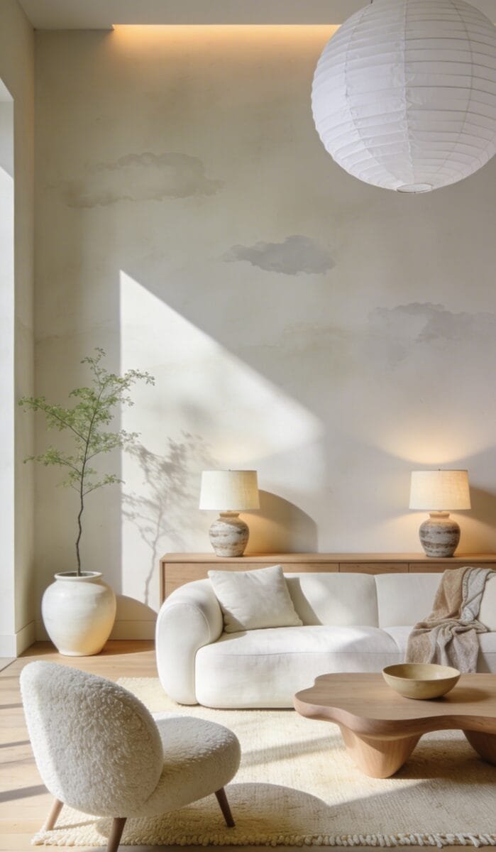 Ultra-realistic high-end editorial photo of a serene “Sun-Washed Organic Modern With Sculptural Edges” living room, vertical 9:16, Pinterest-optimized. Space features creamy limewash walls with soft, cloudy tonal variation and subtle wall grazing for depth; pale oak wide-plank floors with a matte, natural finish; a low, soft-edged sculptural sofa in ivory linen slipcover (rounded corners, generous cushions, lived-in but refined); an oversized matte ceramic planter in warm off-white with a single tall, airy green branch (no flowers), planter placed near the corner to catch uplight shadows; a pale oak rounded-edge coffee table with a softly beveled, organic silhouette (no sharp corners), styled minimally with one stoneware bowl in sandy beige; a thick, textured wool rug in warm cream underfoot with slight slub for forgiving texture; two stoneware lamps with tactile, hand-thrown feel and linen drum shades in natural ivory on a low pale oak console along the back wall; diffuse, warm pools of light from a large white paper lantern pendant overhead and concealed uplights that gently graze the limewash wall, creating layered depth and soft shadows; additional sculptural accent chair with rounded back and boucle-like upholstery in natural cream; neutral layered textiles—linen throw in oatmeal casually draped, no bold patterns; color palette strictly layered neutrals: ivory, cream, warm beige, pale oak, soft gray clay; no metallic shine, no other styles. Clean composition with intentional negative space and strong but natural contrast; subject occupies central 60–70% of frame; shallow depth of field subtly isolating the seating arrangement while keeping architecture legible; no people, no hands, no clutter, no irrelevant props. Clean background in complementary neutral tones. Hyper-realistic textures: limewash micro-variations, linen weave, wool pile, matte ceramic grain, oak wood grain. Subtle sunlight spill across floor, gentle shadow play adds dimension. Footer requirement: a thin WHITE strip at the very bottom with centered small clean text “WWW.HOMESTYLEVIBES.COM” and no other text anywhere.