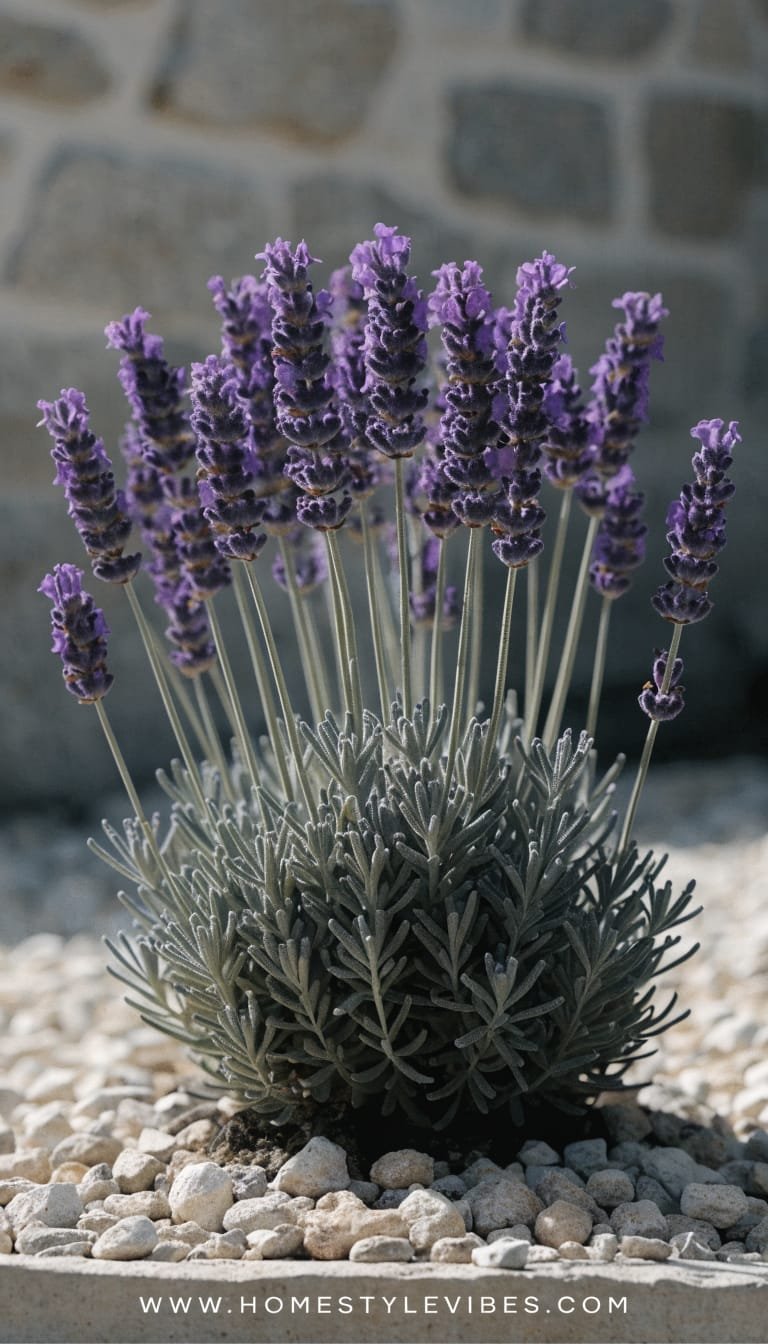 Ultra-realistic high-end editorial photo of a mature English lavender (Lavandula angustifolia) ‘Hidcote’ plant thriving in a cool-climate garden bed, captured in soft natural window-like side light outdoors. Scene shows dense, compact mounded habit with true narrow gray-green foliage and short, deep purple flower spikes, no other plants visible. Soil surface is visibly gritty and well-draining with small pea gravel mulch, slightly raised from surrounding ground to imply drainage. Clean, neutral, blurred background in cool gray-beige tones, strong but natural contrast, shallow depth of field isolating the plant. Calm, minimalist composition with intentional negative space; subject fills central 60–70% of a vertical 9:16 frame. No people, no tools, no labels. Footer: thin WHITE strip at the bottom with centered small clean text “WWW.HOMESTYLEVIBES.COM”.