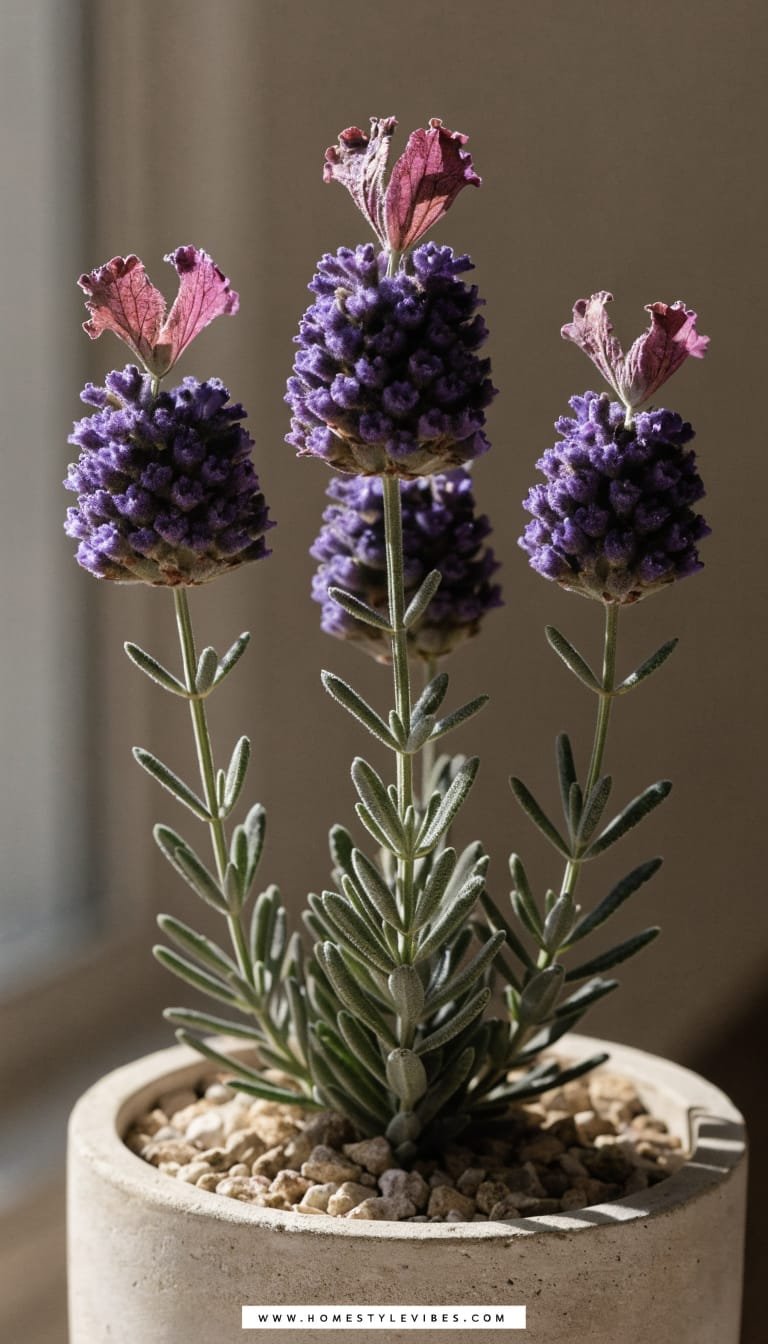 Ultra-realistic luxury magazine style photo of a Spanish lavender (Lavandula stoechas) in a minimalist container for warm, dry climates. Feature the characteristic “rabbit ear” bracts atop tight, pinecone-like purple flower heads, with gray-green leaves. Plant is in a simple unglazed light stone or matte concrete pot on a clean neutral surface, showing gritty, fast-draining potting mix with visible coarse sand/perlite and a top layer of light gravel. Soft side window light, subtle shadows, strong natural contrast, clean taupe-gray background with ample negative space. Composition optimized for Pinterest: subject centered and occupying 60–70% of the vertical 9:16 frame, shallow depth of field. No extra decor, no watering cans, no tags. Footer: thin WHITE strip at the bottom with centered small clean text “WWW.HOMESTYLEVIBES.COM”.