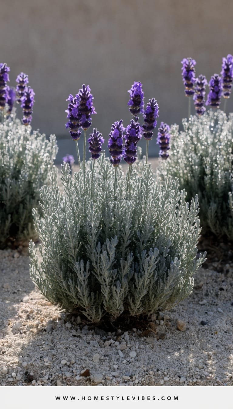 Hyper-realistic editorial close-up demonstrating proper site conditions: a sun-drenched lavender bed with clear full-sun cues and sharp, well-draining “grit.” Show a small group of English lavender ‘Munstead’ plants spaced with visible air gaps between mounds (no overcrowding), planted on a slight berm with a gravelly, sandy soil texture and light pebble mulch. Early morning side light creates delicate highlights on silvered foliage and purple flower spikes; background is a softly blurred neutral wall in warm gray, no other plant species present. Calm, minimalist mood, strong but natural contrast, intentional negative space, shallow depth of field. Central 60–70% subject presence within a vertical 9:16 frame. No tools, no hoses, no signage. Footer: thin WHITE strip at the bottom with centered small clean text “WWW.HOMESTYLEVIBES.COM”.