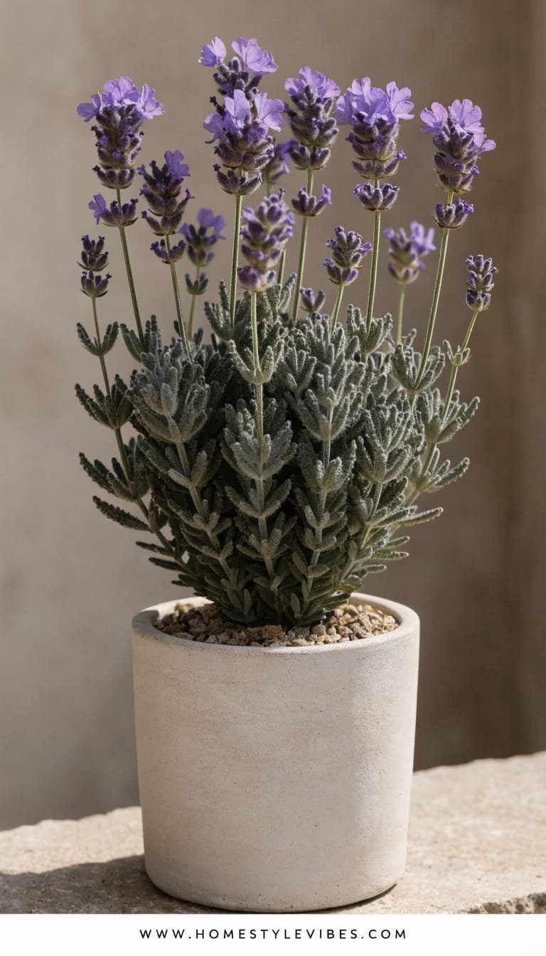 High-end, ultra-realistic image of French lavender (Lavandula dentata) suited to mild winters, showcased as a single specimen in a clean minimalist setting. Identify L. dentata by its softly toothed, gray-green leaves and looser purple flower heads without the prominent “ears” of L. stoechas. Plant sits in a refined matte off-white cylinder pot; surface shows gritty, well-drained mix with a fine gravel top layer. Soft natural side light with gentle shadowing; background is a smooth neutral beige-gray wall for elegant contrast. Composition: plant centered, filling 60–70% of the vertical 9:16 frame, shallow depth of field, generous negative space, no clutter or props. No people, no extra decor. Footer: thin WHITE strip at the bottom with centered small clean text “WWW.HOMESTYLEVIBES.COM”.