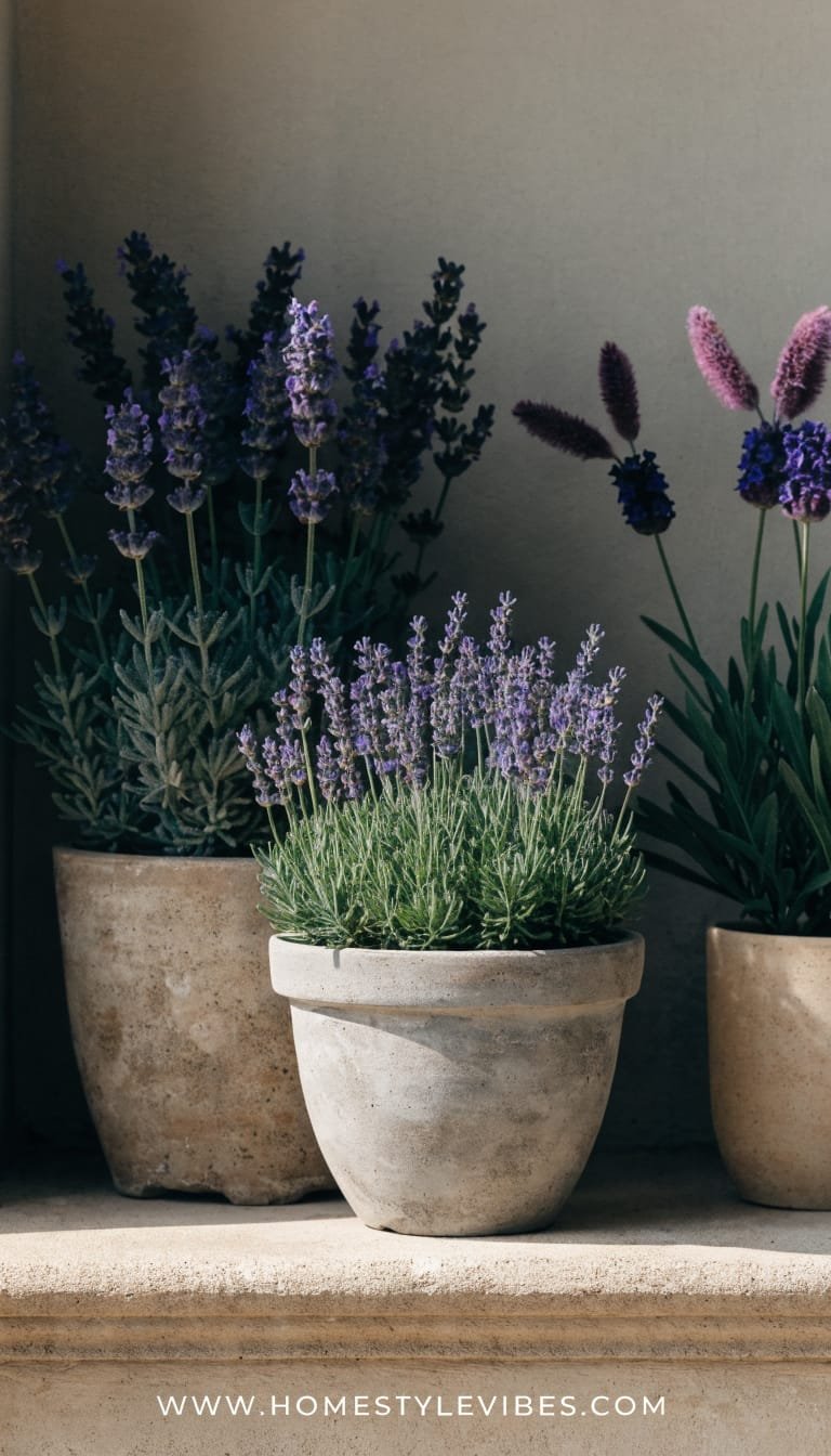 Ultra-realistic high-end editorial photo of three labeled potted lavender varieties grouped on a minimalist balcony ledge: front center compact English lavender (Lavandula angustifolia) in a medium matte light-grey clay pot; to the left, larger Lavandin (Lavandula x intermedia) in a slightly wider warm concrete planter; to the right, French/Spanish lavender (L. stoechas) showing distinct “bunny ear” bracts in a slim sand-toned pot. No flowers other than authentic lavender blooms. Clean neutral background in soft taupe-grey, intentional negative space above. Soft natural window-like side light from left, subtle shadows, shallow depth of field isolating the trio occupying central 60–70% of the vertical frame. No people, no hands, no extra decor, no unrelated plants. Vertical 9:16, calm, minimalist, luxury magazine aesthetic, hyper-realistic, strong but natural contrast. Footer: thin white strip at the very bottom with centered small clean text “WWW.HOMESTYLEVIBES.COM”.