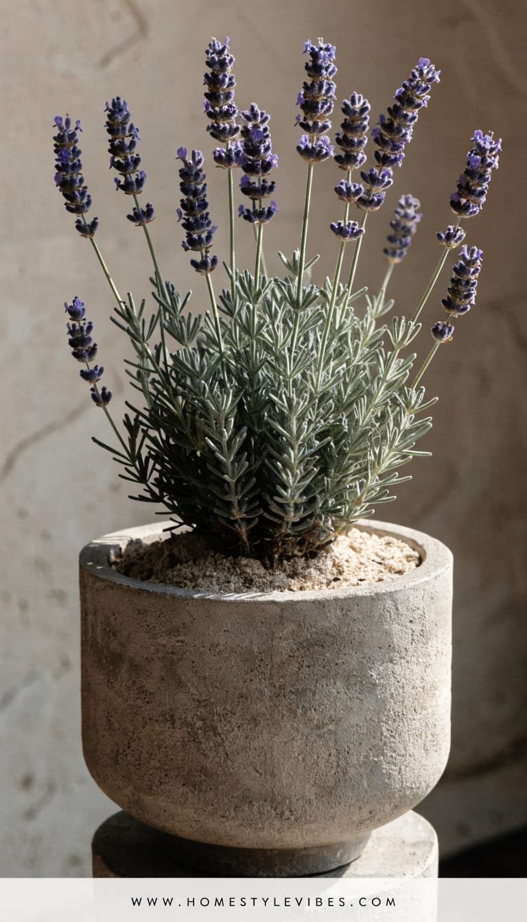 Close-up editorial shot of a single thriving English lavender (Lavandula angustifolia) in a matte stone-grey pot on a dry, raised pot foot/stand, emphasizing “dry seat” for containers. Visible gritty, well-draining potting mix at the rim (no bark chips or foreign elements), and a hint of drainage hole shadow beneath. Background: softly blurred neutral plaster wall in warm grey-beige, light breeze suggested by a few slightly angled lavender stems—no motion blur. Soft natural window light from right creating gentle dimensional shadows. Subject centered and filling 60–70% of frame, intentional negative space above for calm mood. No tools, no watering cans, no decor. Vertical 9:16, ultra-realistic, refined luxury aesthetic, clean composition. Footer: thin white strip at the very bottom with centered small clean text “WWW.HOMESTYLEVIBES.COM”.