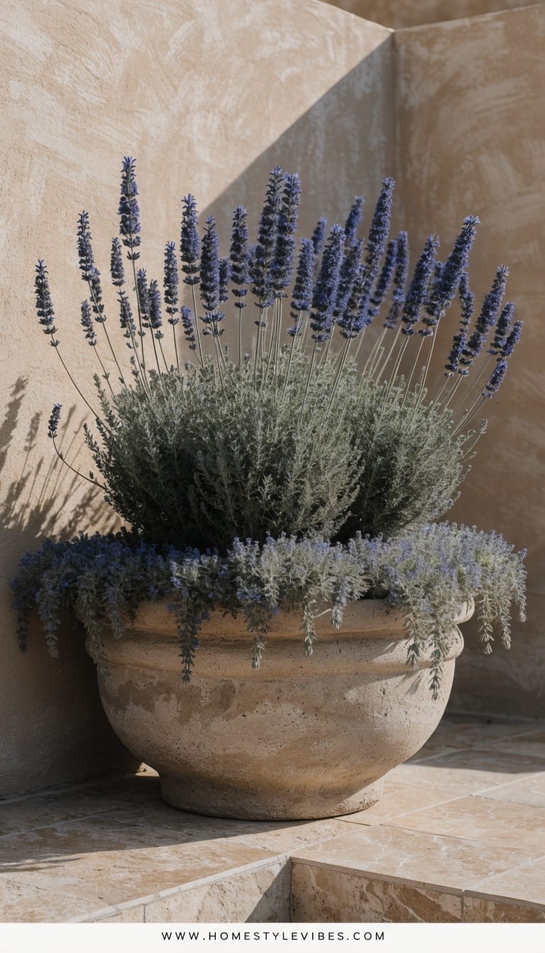 Editorial scene of Lavandin (Lavandula x intermedia) placed in a sunnier, warmer spot: a large, low-profile sand-colored concrete planter on a sunlit terrace corner, isolated against a clean warm-neutral stucco wall. Plant appears bigger and bolder than English lavender, with long stems and abundant silvery foliage, slight bloom onset—only authentic Lavandin flowers. Strong yet natural side light from left with soft shadow falloff on the wall, crisp detail on foliage, shallow depth separating plant from background. Composition calm and minimalist, pot and plant occupying central 60–70% of frame, intentional negative space around. No furniture, no fabrics, no extra plants. Vertical 9:16, hyper-realistic, high-end magazine feel. Footer: thin white strip at the very bottom with centered small clean text “WWW.HOMESTYLEVIBES.COM”.