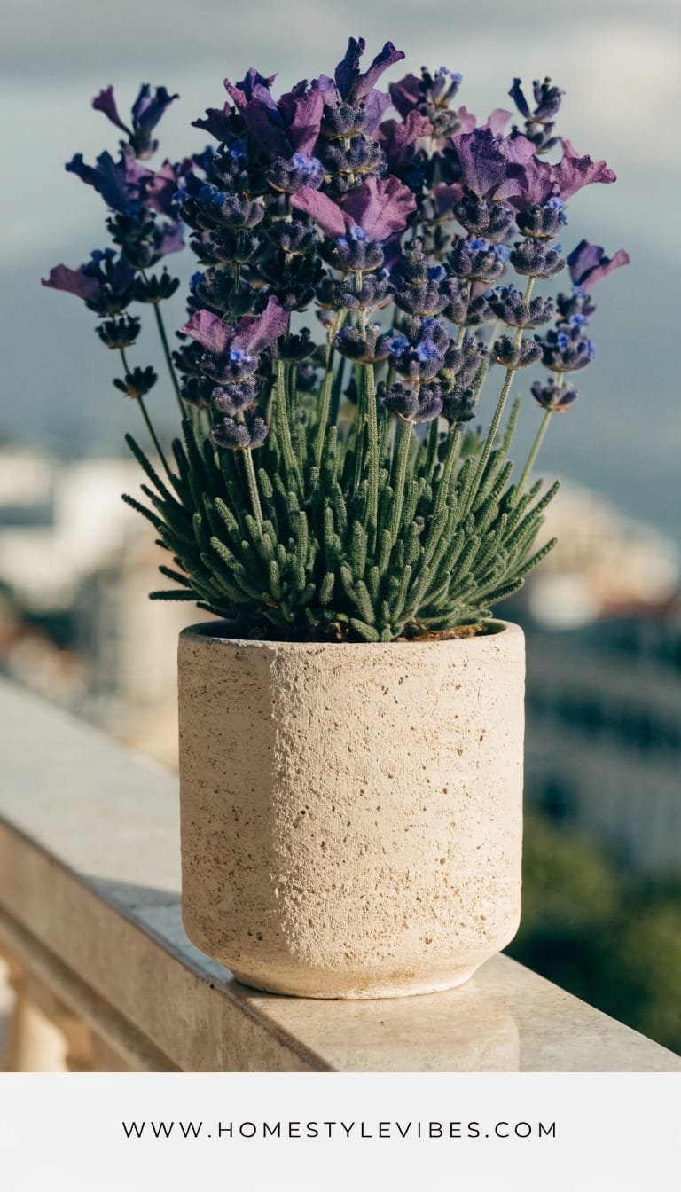 Warm-climate container focus: French/Spanish lavender (Lavandula stoechas) with distinctive “bunny ear” bracts, in a tall narrow matte ecru pot on a sunlit balcony rail shelf. Background: softly blurred coastal or urban warm-toned horizon hint (neutral, non-distracting), indicating summer display without winter hardiness claims. Soft natural window-like side light from left, subtle shadows defining bracts and textured pot. Clean, minimalist frame with intentional negative space at top and sides, subject centered at 60–70% height. No added decor, no other plant species, no tools. Vertical 9:16, ultra-realistic, refined luxury editorial aesthetic, strong but natural contrast. Footer: thin white strip at the very bottom with centered small clean text “WWW.HOMESTYLEVIBES.COM”.