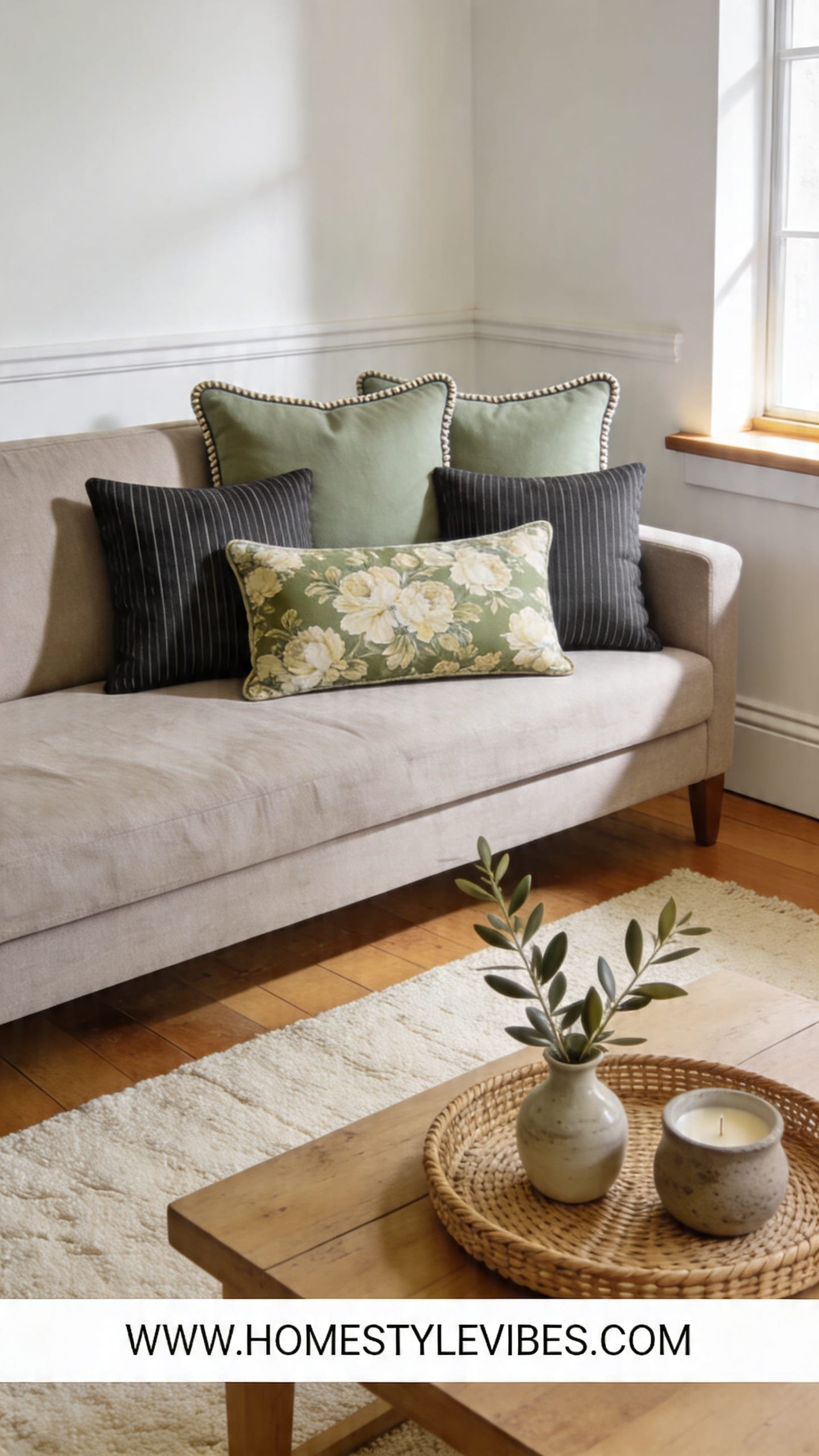 SCENE MODE — A styled living room vignette showcasing the three two one pillow formula on a light taupe linen sofa against a soft warm white wall with simple wall molding and baseboard visible. Three 22 inch pillows at the back in muted sage linen with flange edge, two 20 inch pillows in subtle charcoal pinstripe cotton in front, and one centered 14x24 lumbar in vintage inspired floral with cream and sage tones. Architectural context includes a window edge casting soft side light, warm oak flooring, and a textured cream area rug. Layered styling features a rattan tray on a natural wood coffee table with a small ceramic vase of olive branches and a stoneware candle. Color palette leans warm whites natural wood muted sage soft taupe with charcoal accents. Ultra realistic editorial feel with soft shadows rich tonal depth subtle grain and a lived in but intentional finish. Vertical 9 by 16 with a thin white footer strip at the bottom reading WWW.HOMESTYLEVIBES.COM