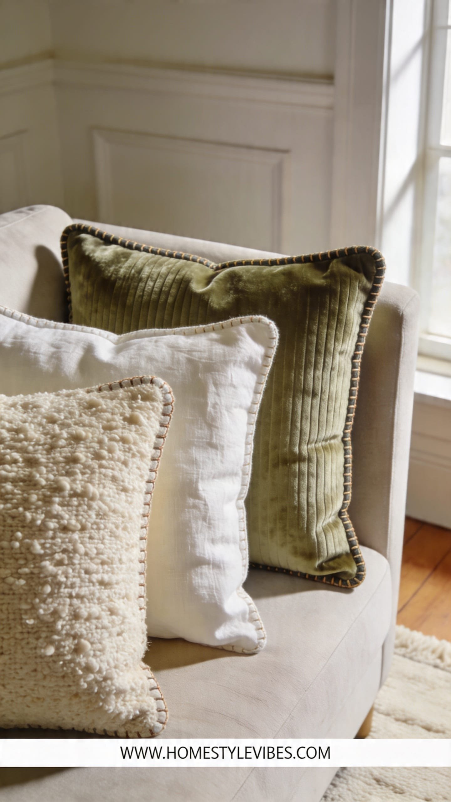 SCENE MODE — Extreme close up of textures doing the heavy lifting on a neutral sofa back cushion. A nubby cream bouclé pillow sits beside a slubbed linen pillow in warm white and a ribbed velvet pillow in muted sage, each catching soft directional window light from the right to reveal tactile depth. Visible stitching and flange edges add subtle detail while the blurred background shows a hint of wall molding and the cream rug on oak flooring for context. The mood is cozy and editorial with rich tonal depth, soft shadows, and understated sophistication. No additional decor beyond the pillows and sofa texture to emphasize material interplay. Vertical 9 by 16 with a thin white footer strip at the bottom reading WWW.HOMESTYLEVIBES.COM