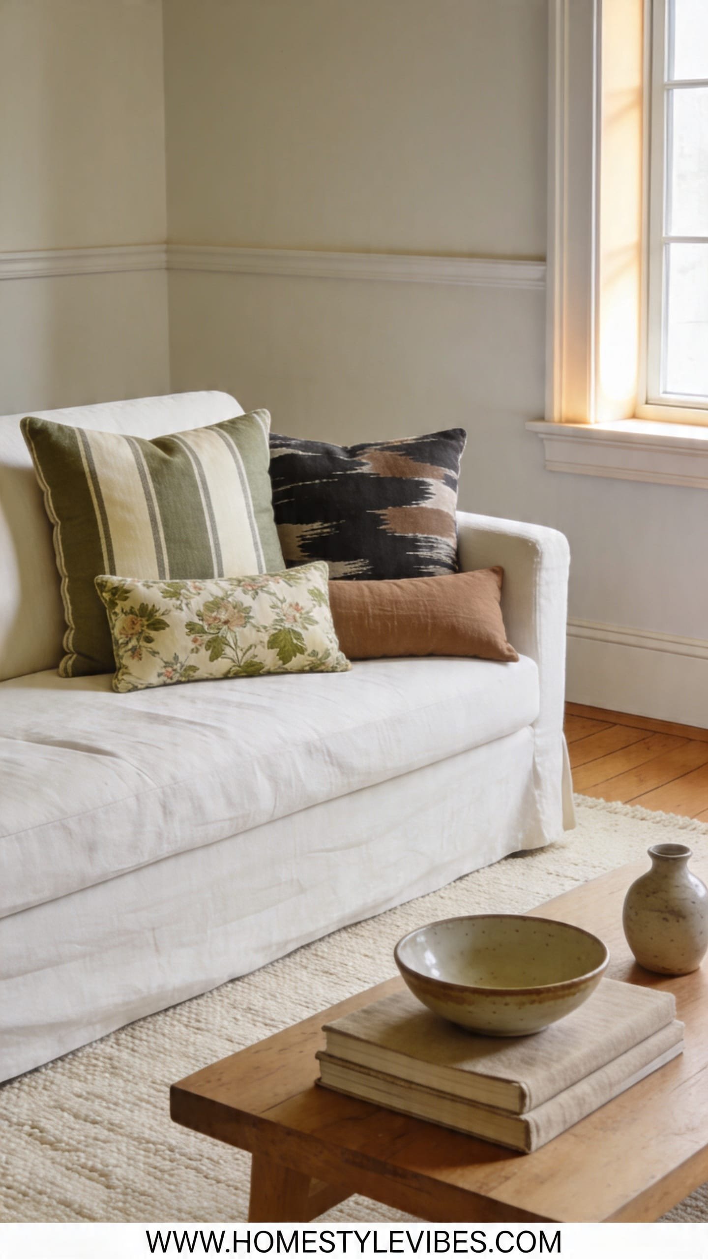 SCENE MODE — Wide living room shot demonstrating mixing patterns like a pro without chaos on a warm white slipcovered sofa centered off to the left. Pattern lineup shows a balanced trio. One large muted sage and cream wide stripe pillow, one medium scale charcoal and taupe abstract brushstroke pillow, and one small floral lumbar in vintage inspired cream and sage, all grounded by a solid warm taupe linen pillow. Architectural details include a window casing with soft side light, baseboards, and a glimpse of simple wall molding. Layered but calm styling features a natural wood coffee table with a ceramic bowl, a stack of neutral linen covered books with no readable text, and a small stoneware vase. A textured cream rug and oak floor complete the scene with a Magnolia Home meets Kinfolk meets Studio McGee mood. Vertical 9 by 16 with a thin white footer strip at the bottom reading WWW.HOMESTYLEVIBES.COM
