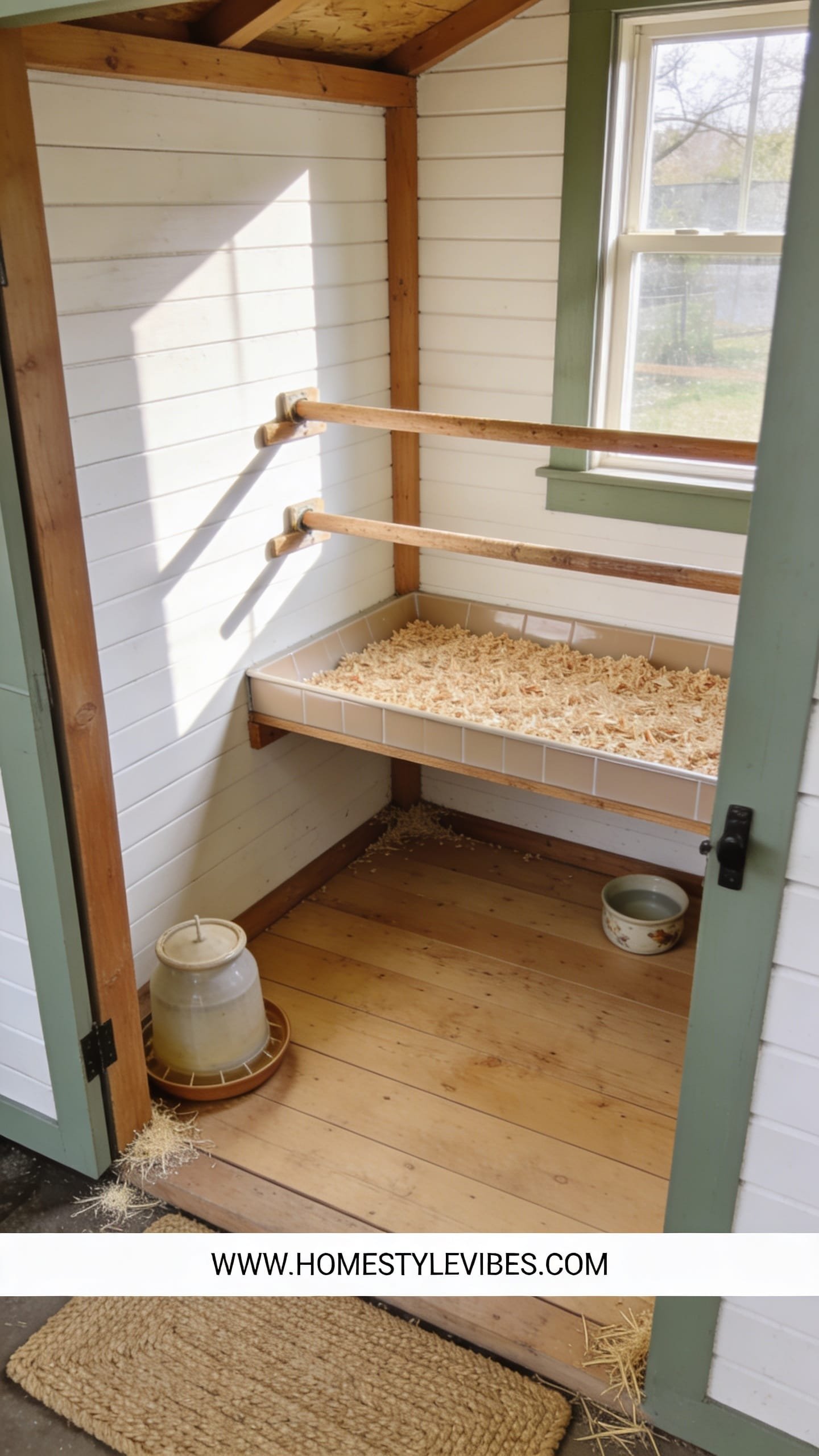 SCENE MODE — What is a poop shelf and why it matters: A warmly lit interior of a small backyard chicken coop showing roost bars above a shallow poop shelf lined with smooth linoleum and a neat layer of fine pine shavings, soft shadows falling from a high side window, shiplap walls in warm white, muted sage trim, and natural wood framing, the floor in sealed plywood with a simple jute mat tucked near the door, a ceramic feeder and a small stoneware water bowl placed on the floor away from the shelf, subtle dusting of straw in corners for lived-in authenticity, editorial styling at medium density with four to six purposeful elements, vertical 9:16 composition, ultra-realistic medium format look, thin white footer strip at bottom with centered small clean text WWW.HOMESTYLEVIBES.COM