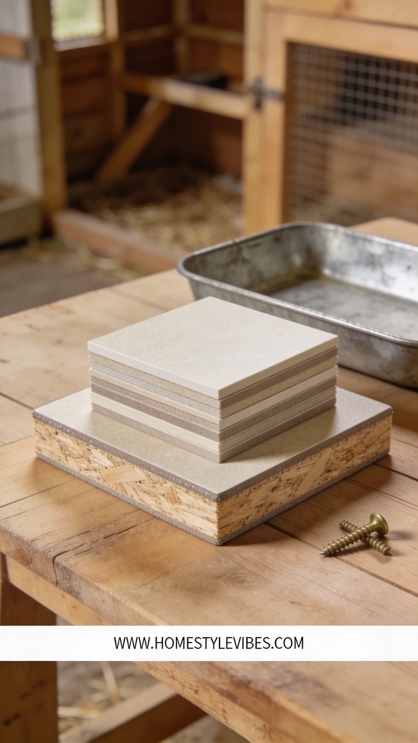 PRODUCT MODE — Best materials for a poop shelf: A single hero sample stack on a natural wood surface showing cut swatches of smooth linoleum atop a square of premium plywood with sealed edges, a shallow galvanized tray peeking from behind as a secondary prop, soft side light revealing subtle texture and film-like grain, warm neutral palette with cream and muted taupe tones, minimal complementary props limited to one small raw brass screw set placed to the side for lifestyle context, subject centered with gentle depth and blurred coop-like background, vertical 9:16 composition, ultra-realistic medium format look, thin white footer strip at bottom with centered small clean text WWW.HOMESTYLEVIBES.COM