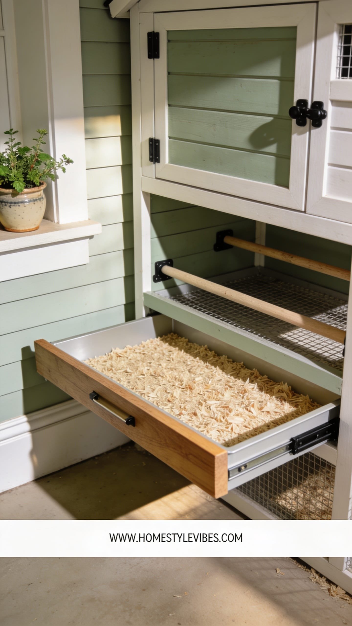 SCENE MODE — Smart design ideas with pull-out trays: A styled corner vignette of the coop showing a low-profile pull-out poop tray beneath the roosts, tray front edge in natural wood with concealed runners, tray surface lined in smooth linoleum topped with a clean even layer of fine pine shavings, warm sunlight grazing across the tray and casting soft shadows, surrounding details include shiplap wall, baseboard, and a small ceramic pot with fresh herbs set on a nearby ledge for a lived-in feel, muted sage and warm white palette with charcoal hardware accents, four to six intentional pieces without clutter, finished spotless result only, vertical 9:16 composition, ultra-realistic medium format look, thin white footer strip at bottom with centered small clean text WWW.HOMESTYLEVIBES.COM