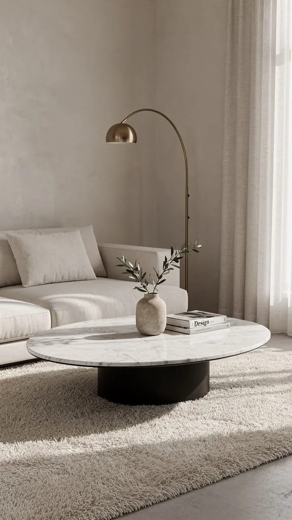Hero focal point: modern minimal marble oval coffee table occupying the center foreground with softly rounded edges. Scene mode in a living room. Modern Calm atmosphere. A low-profile linen sectional in warm cream sits to the left with an oversized cream wool rug grounding the scene. The marble oval table is honed Carrara with soft restrained veining and a thin clean recessed shadow gap where it meets its slim matte black base. Pale plaster walls and microcement floor meet at an intersecting corner with a tall window edge on the right filtered by sheer linen. An arched brass floor lamp arcs behind the sectional as the sole metal finish. Styling is restrained with a single stone vase holding an olive branch and one small stack of design books. Composition is an off center wide shot with the hero taking roughly half the frame and 30 percent breathing room. Late morning diffused light with gentle shadows. Vertical 9 by