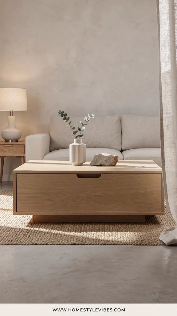 Hero focal point: storage drawer coffee table with discreet full width drawer front facing camera. Scene mode in a small living space. Modern Calm atmosphere. A modular oatmeal sofa anchors the back wall with pale plaster finish and a microcement floor in soft taupe. The table is matte oak with softly rounded edges and a recessed pull detail forming a clean shadow line. A jute layered rug sits beneath. A ceramic table lamp with linen shade glows on a compact oak side table to the left as the sole light fixture. Single metal finish is brushed nickel on the lamp stem. Styling remains minimal with a ribbed ceramic vessel holding a single eucalyptus stem and a raw stone object on the table surface. A window edge with sheer linen appears to the right casting midday soft light. Asymmetric composition with the hero at 50 percent visual weight and clear floor and wall breathing room. Vertical 9 by 16 editorial look. Footer strip reading WWW.HOMESTYLEVIBES.COM