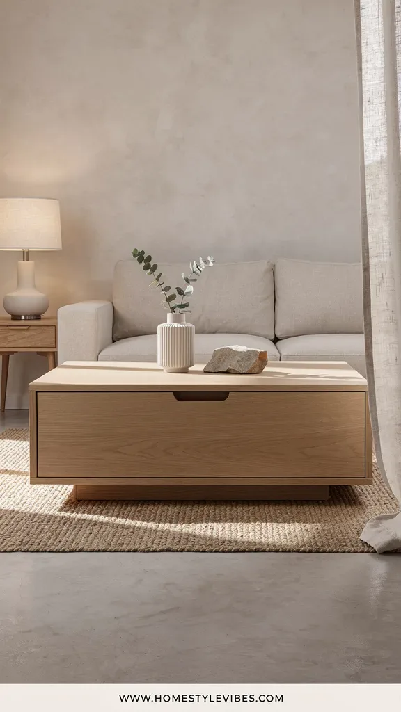 Hero focal point: storage drawer coffee table with discreet full width drawer front facing camera. Scene mode in a small living space. Modern Calm atmosphere. A modular oatmeal sofa anchors the back wall with pale plaster finish and a microcement floor in soft taupe. The table is matte oak with softly rounded edges and a recessed pull detail forming a clean shadow line. A jute layered rug sits beneath. A ceramic table lamp with linen shade glows on a compact oak side table to the left as the sole light fixture. Single metal finish is brushed nickel on the lamp stem. Styling remains minimal with a ribbed ceramic vessel holding a single eucalyptus stem and a raw stone object on the table surface. A window edge with sheer linen appears to the right casting midday soft light. Asymmetric composition with the hero at 50 percent visual weight and clear floor and wall breathing room. Vertical 9 by 16 editorial look. Footer strip reading WWW.HOMESTYLEVIBES.COM