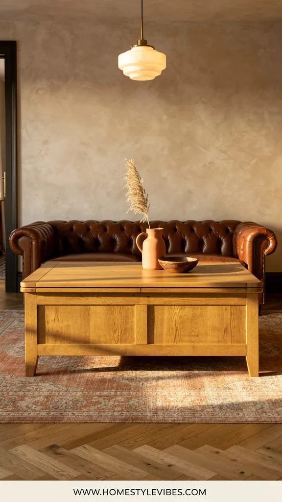 Hero focal point: farmhouse lift top coffee table shown closed with its panel seams subtle and aligned. Scene mode in a cozy country inspired living area. Warm Earthy atmosphere. The table is warm honey oak with softly rounded edges and a clean recessed shadow gap around the top to imply the lift mechanism. A leather chesterfield in rich cognac sits behind on an oak parquet floor with a vintage faded Persian rug. Walls are lime washed plaster in sand tone. Lighting is late afternoon golden with an alabaster pendant casting a warm ambient glow as the only metal finish in unlacquered brass. Styling includes a raw terracotta jug holding a dried pampas single stem and a vintage wooden bowl. Off center framed doorway edge visible on the left for architectural depth. The hero occupies about half the frame with generous negative space and lived in warmth without clutter. Vertical 9 by 16 ultra realistic editorial capture. Footer strip reading WWW.HOMESTYLEVIBES.COM