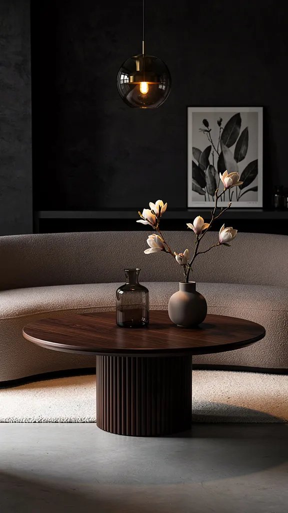 Hero focal point: sculptural wood pedestal coffee table in deep walnut commanding the foreground. Scene mode in a moody contemporary lounge. Moody Dramatic Luxe atmosphere. The pedestal base features vertical fluting in one consistent direction and a round top with softly rounded edges. A curved bouclé sofa in soft mushroom hue arcs in the background on a microcement floor with an oversized cream wool rug peeking beneath. Walls are dark charcoal microcement with a clean recessed shadow gap at the floor. Low warm pendant glow from a single smoked glass orb on a smoked brass canopy is the sole metal finish. Styling is refined with a smoked glass carafe, a single matte ceramic vessel, and a framed botanical print leaning on the console in the background with no readable text. A magnolia branch rests in the vessel. Edge lit shadows and deep tonal contrast. The hero holds 45 to 50 percent of the frame with breathing room along the wall and ceiling edge. Vertical 9 by