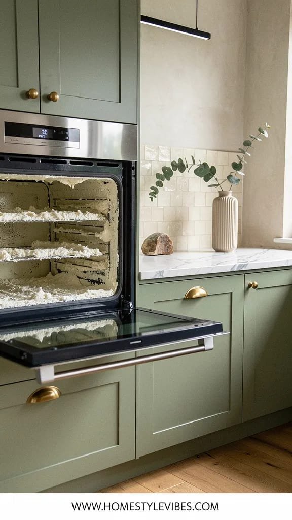 Hero focal point: oven interior coated with thick baking soda paste on racks and enamel walls. Scene mode. A contemporary kitchen vignette with shaker sage green cabinets with brass cup pulls, a polished quartzite worktop with restrained veining, and a cream Zellige tile backsplash. The open built-in stainless oven dominates the left side at eye level, door lowered to reveal a uniform layer of matte off white paste covering the cavity surfaces and racks, occupying just over half the frame. Soft midday light washes in from a side window edge, creating gentle shadows and natural reflections on the brushed steel. Styling remains minimal with a raw stone object on the quartzite and a ribbed ceramic vessel holding a single eucalyptus stem on the far right. Linear black LED suspension light barely visible at the top. Materials meet with a clean recessed shadow gap. One metal finish only in unlacquered brass for pulls. Modern calm atmosphere with pale plaster walls and oak floorboards. Vertical 9 to 16, subtle film grain, no people, no mid task mess. Thin white footer strip with centered WWW.HOMESTYLEVIBES.COM