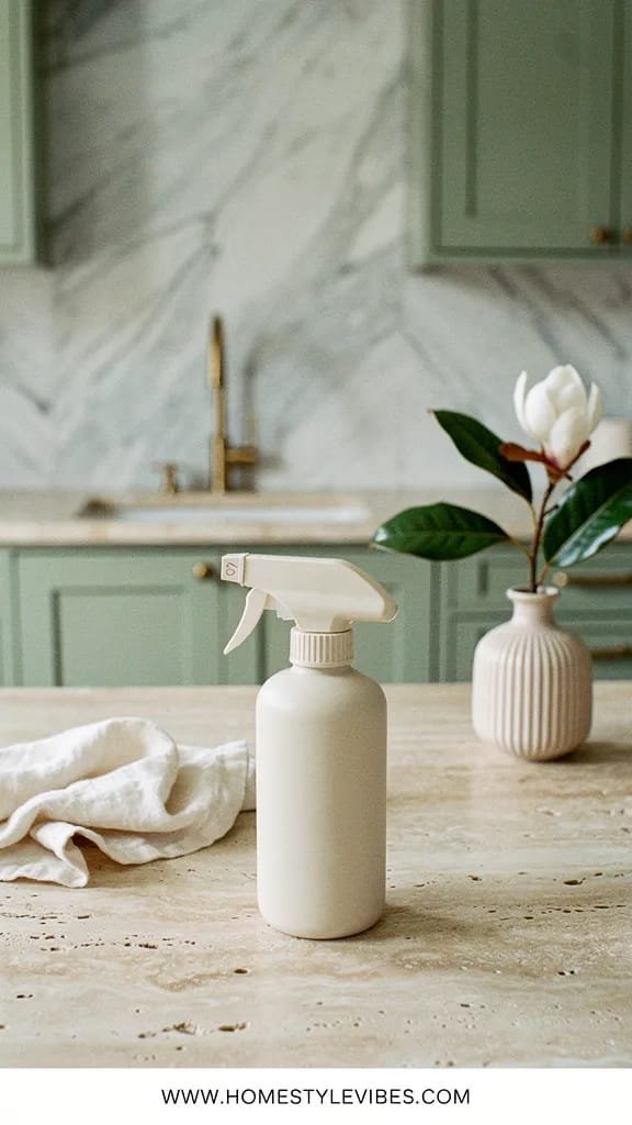 Hero focal point: a single matte glass spray bottle styled as a DIY degreaser on a honed travertine counter. Product mode. The bottle sits centered forward on a honed travertine surface with soft pores and sand toned variation, occupying about sixty percent of the frame with lifestyle depth showing a blurred hint of shaker sage green cabinetry and a book matched marble slab backsplash behind. Modern calm atmosphere with diffused midday light from the left creating gentle shadows and realistic specular highlights on the glass. Two minimal props only a folded natural linen and a pleated bud vase with a single magnolia branch placed off to one side. One metal finish appears as unlacquered brass bridge faucet blurred in the background, not competing. Clean recessed shadow gaps where materials meet. No readable labels or text on the bottle. Editorial natural color science, vertical 9 to 16 ratio, subtle film like grain, restraint that reads elevated. Thin white footer strip with centered WWW.HOMESTYLEVIBES.COM