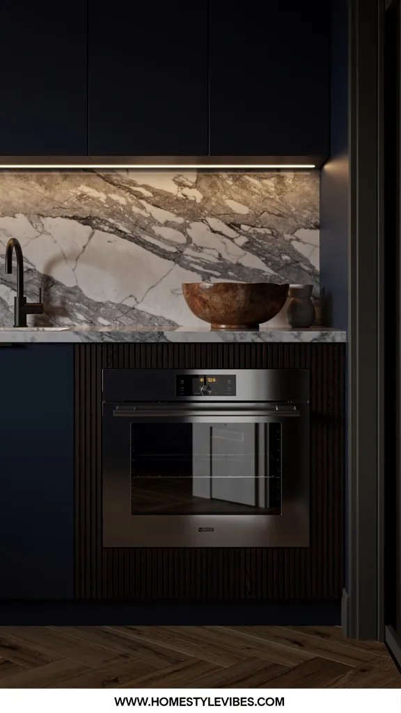Hero focal point: oven glass door crystal clear after safe razor scraping, showing a pristine reflective surface. Scene mode. A dark moody kitchen vignette with deep navy flat front cabinetry, fluted dark oak appliance surround running vertical in one consistent direction, and a honed Calacatta marble worktop with bold veining. The built in stainless oven sits slightly off center, door closed, its glass panel immaculate and reflective, filling about half the frame. Warm under cabinet LED glow traces the marble backsplash, moody dramatic luxe atmosphere with evening shadows and smoked brass accents limited to a single matte black gooseneck faucet instead to keep one finish consistent. A vintage wooden bowl rests on the marble, and a hand thrown stoneware piece sits nearby, both subdued. Oak parquet floor and a doorway edge provide architectural depth with clean transitions and a recessed shadow gap. Ultra realistic texture with subtle reflections reading naturally. Vertical 9 to 16, no people, finished result only. Thin white footer strip with centered WWW.HOMESTYLEVIBES.COM