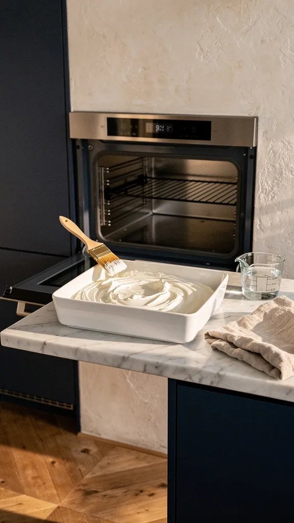 Hero focal point: steam softened oven interior with lemon halves resting on a shallow enamel pan of hot water on the center rack. Scene mode. A handleless slab matte cabinet wall in warm white frames a built-in stainless oven set within dark walnut veneer flat front panels, polished quartzite surround. The oven door is lowered to reveal a simple enamel pan of water with floating lemon halves, delicate steam rising softly, occupying about half the visual weight. Late afternoon golden light grazes in from a nearby window edge, warm earthy atmosphere with travertine cream tones and honey oak floor. A smoked glass carafe sits on the adjacent quartzite, and a single beeswax taper in brass holder rests to the side, unlit, keeping one metal finish in unlacquered brass for cabinet pulls. Clean transitions and restrained styling, five supporting objects or fewer. Gentle reflections on stainless feel natural, with visible two intersecting walls and ceiling edge. Editorial realism, deep tonal depth, no labels or text in scene. Vertical 9 to