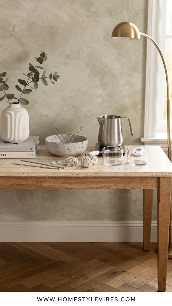 Hero focal point: a compact starter kit of candle making supplies arranged for success on a travertine-topped oak console. Scene mode in a lived-in corner with visible oak parquet floor, lime-washed plaster wall, and a window edge casting soft midday light. Modern Calm mood with warm white, soft taupe, and oak. The hero occupies the central right side with a stainless steel pour pitcher, a digital thermometer, cotton wick spools, wick stickers, and two clear glass jars with softly rounded edges. A small kitchen scale sits beneath the pitcher. A hand-thrown stoneware bowl holds metal wick centering bars. Supporting elements include a ribbed ceramic vessel with a single eucalyptus stem and a stack of design books off to the left. One arched brass floor lamp in the background provides gentle accent glow. Clean shadow gaps at wall edges, restrained styling, no clutter, one metal finish in brushed stainless on tools only. Thin white footer strip at the bottom with WWW.HOMESTYLEVIBES.COM