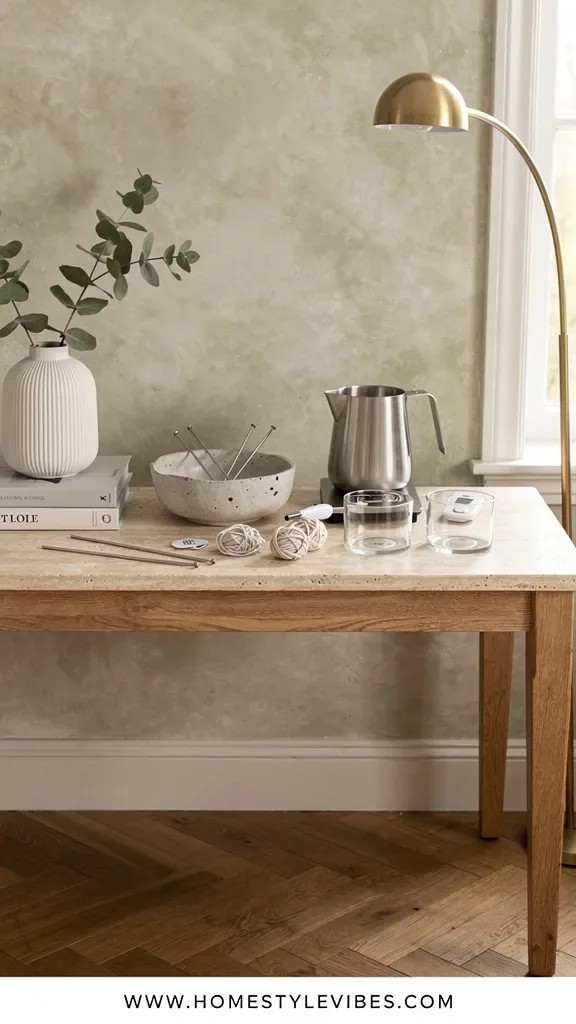 Hero focal point: a compact starter kit of candle making supplies arranged for success on a travertine-topped oak console. Scene mode in a lived-in corner with visible oak parquet floor, lime-washed plaster wall, and a window edge casting soft midday light. Modern Calm mood with warm white, soft taupe, and oak. The hero occupies the central right side with a stainless steel pour pitcher, a digital thermometer, cotton wick spools, wick stickers, and two clear glass jars with softly rounded edges. A small kitchen scale sits beneath the pitcher. A hand-thrown stoneware bowl holds metal wick centering bars. Supporting elements include a ribbed ceramic vessel with a single eucalyptus stem and a stack of design books off to the left. One arched brass floor lamp in the background provides gentle accent glow. Clean shadow gaps at wall edges, restrained styling, no clutter, one metal finish in brushed stainless on tools only. Thin white footer strip at the bottom with WWW.HOMESTYLEVIBES.COM