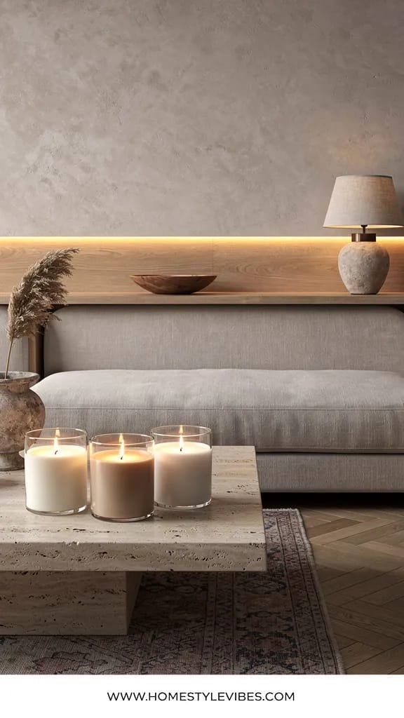 Hero focal point: a trio of finished candles in clear glass jars with softly rounded edges staged on a travertine plinth coffee table in front of a low-profile linen sectional. Scene mode wide vignette showing lime-washed plaster wall, oak parquet floor, and ceiling edge with a ceramic table lamp with linen shade casting warm evening glow. Contemporary Editorial atmosphere with warm LED under-shelf glow from a floating oak ledge. The hero candles occupy the left foreground at 50 percent of the frame, each with centered cotton wicks and smooth matte tops, subtly different wax tones suggesting three distinct recipes. Supporting props include a weathered urn with a single dried pampas stem and a vintage wooden bowl. A vintage faded Persian rug peeks from below for texture. All wood runs in one direction and material transitions remain clean. Single metal finish appears as smoked brass on the lamp neck only. Thin white footer strip at the bottom with WWW.HOMESTYLEVIBES.COM