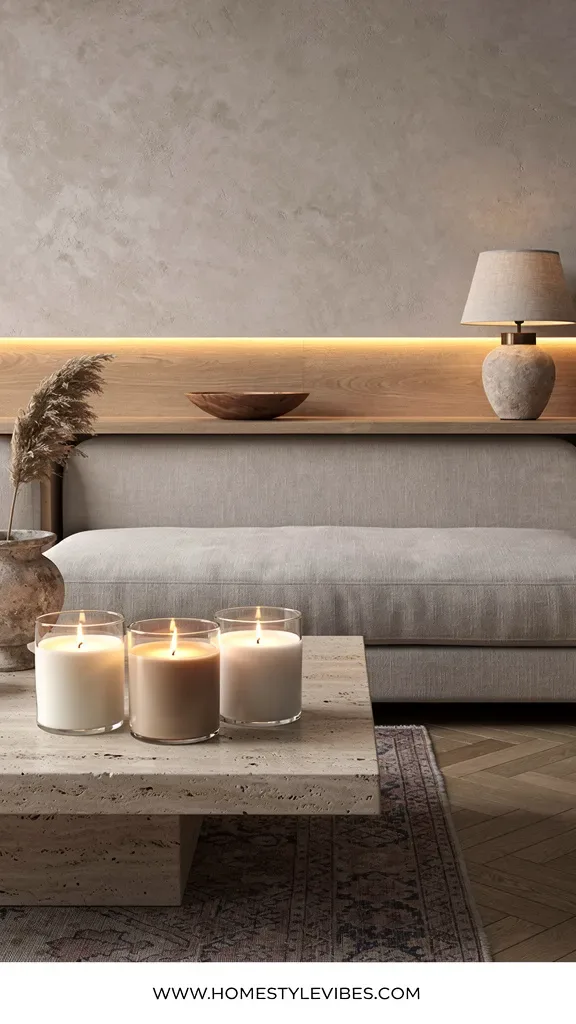 Hero focal point: a trio of finished candles in clear glass jars with softly rounded edges staged on a travertine plinth coffee table in front of a low-profile linen sectional. Scene mode wide vignette showing lime-washed plaster wall, oak parquet floor, and ceiling edge with a ceramic table lamp with linen shade casting warm evening glow. Contemporary Editorial atmosphere with warm LED under-shelf glow from a floating oak ledge. The hero candles occupy the left foreground at 50 percent of the frame, each with centered cotton wicks and smooth matte tops, subtly different wax tones suggesting three distinct recipes. Supporting props include a weathered urn with a single dried pampas stem and a vintage wooden bowl. A vintage faded Persian rug peeks from below for texture. All wood runs in one direction and material transitions remain clean. Single metal finish appears as smoked brass on the lamp neck only. Thin white footer strip at the bottom with WWW.HOMESTYLEVIBES.COM
