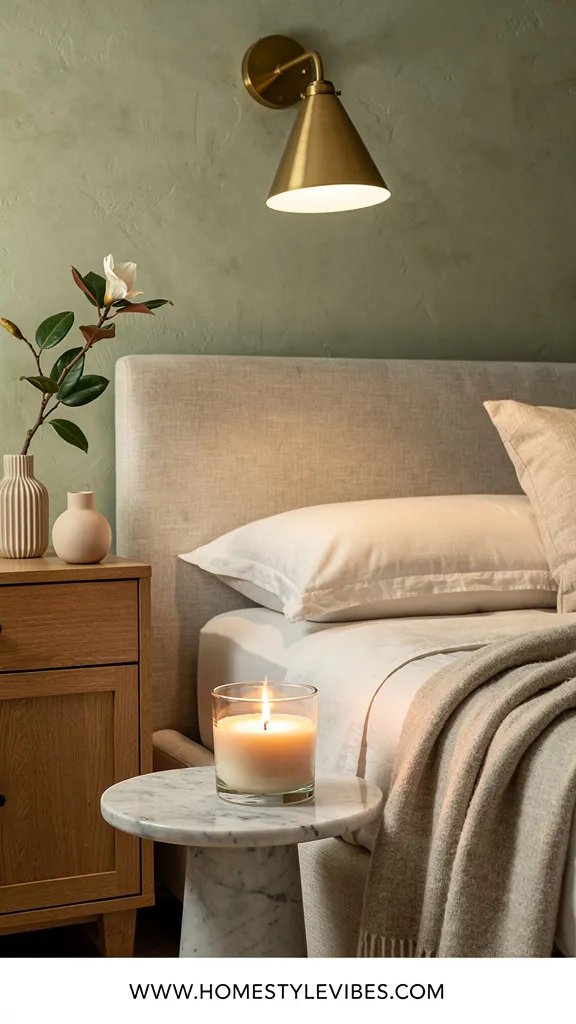 Hero focal point: a single properly matched wick test candle burning cleanly with full melt pool on first burn, placed on a marble pedestal side table beside an upholstered linen platform bed. Scene mode styled corner vignette with sage limewash wall, oak nightstand edge visible, and brass swing arm sconce casting soft focused light. Cottage Spa mood with calm creamy bedding and a folded oatmeal throw as the one textile moment. The hero candle occupies the lower right at about half the frame weight, flame steady, no soot on the glass, surface reflections natural and controlled. Supporting elements include a pleated bud vase holding a small magnolia branch and a single matte ceramic vessel on the nightstand. Clean recessed shadow gap at wall junctions, no mixed metals, only unlacquered brass on the sconce. Breathing room around the hero to emphasize performance and clarity. Thin white footer strip at the bottom with WWW.HOMESTYLEVIBES.COM
