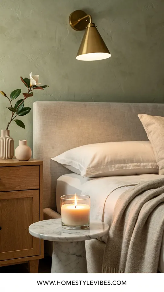 Hero focal point: a single properly matched wick test candle burning cleanly with full melt pool on first burn, placed on a marble pedestal side table beside an upholstered linen platform bed. Scene mode styled corner vignette with sage limewash wall, oak nightstand edge visible, and brass swing arm sconce casting soft focused light. Cottage Spa mood with calm creamy bedding and a folded oatmeal throw as the one textile moment. The hero candle occupies the lower right at about half the frame weight, flame steady, no soot on the glass, surface reflections natural and controlled. Supporting elements include a pleated bud vase holding a small magnolia branch and a single matte ceramic vessel on the nightstand. Clean recessed shadow gap at wall junctions, no mixed metals, only unlacquered brass on the sconce. Breathing room around the hero to emphasize performance and clarity. Thin white footer strip at the bottom with WWW.HOMESTYLEVIBES.COM