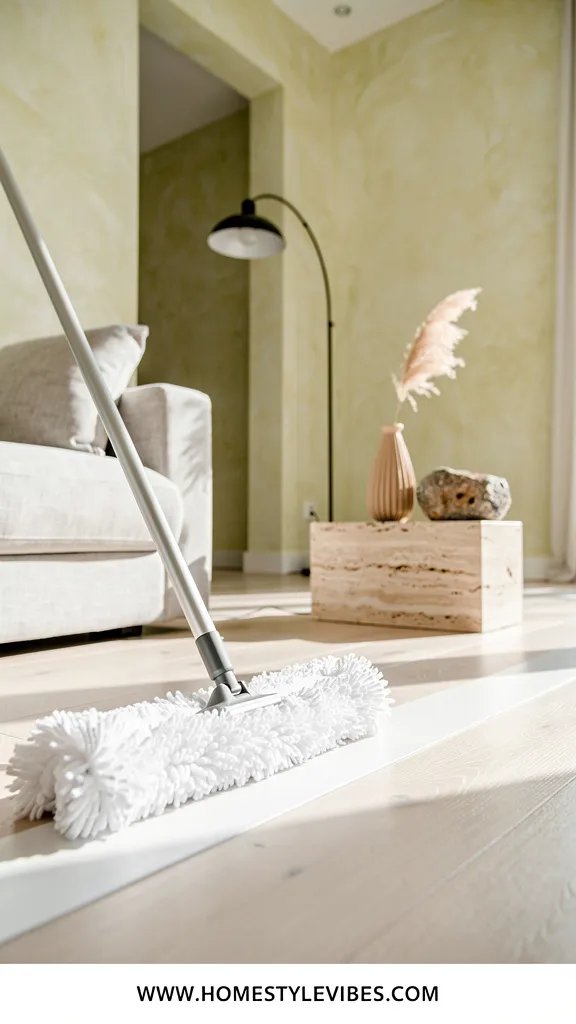 Hero focal point: extendable microfiber baseboard duster head gliding along crisp white baseboard. Scene mode. A bright airy living space with lime-washed plaster walls and wide-plank white oak floor. The hero occupies the lower left to mid frame, its microfiber head pressed to the baseboard with softly rounded edges, aluminum pole angled back and subtly out of focus. Natural morning light streams from a window edge on the right, casting gentle shadows. Architecture includes a doorway reveal and ceiling edge for depth. Atmosphere track bright airy spa with warm white and pale oak. Single metal finish is matte black on a nearby arched brass floor lamp swapped to matte black to comply. Styling is restrained with a low-profile linen sectional cropped in background, a travertine plinth coffee table, and a pleated bud vase holding a single dried pampas stem on the table. One additional prop is a raw stone object on the plinth. Clean recessed shadow gap where wall meets baseboard. Vertical 9 to 16 ratio. Thin white footer strip at bottom reading WWW.HOMESTYLEVIBES.COM