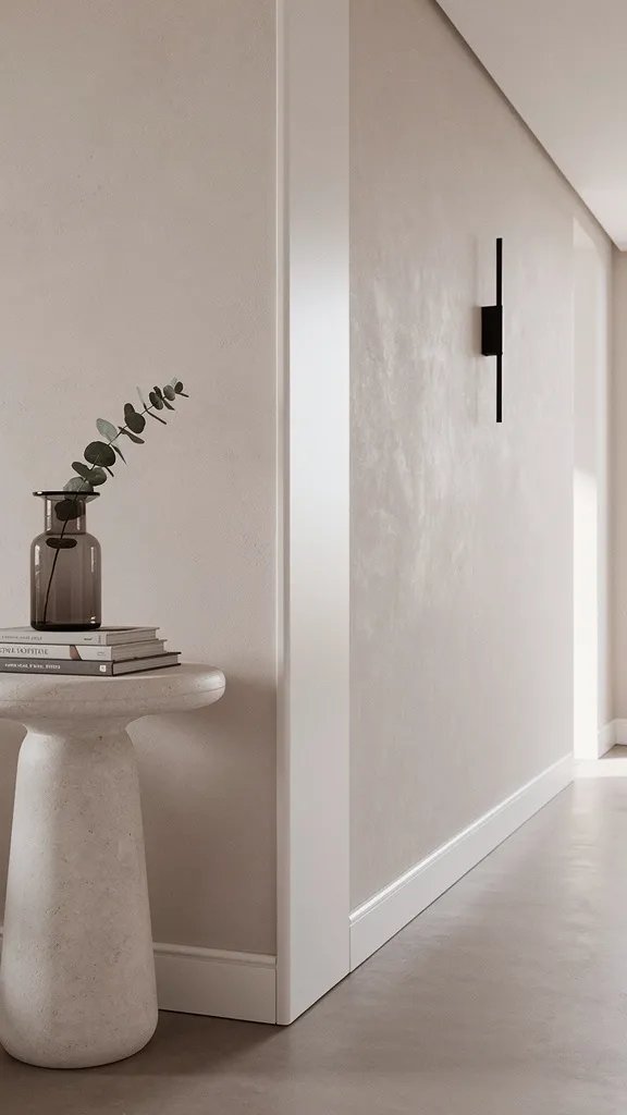 Hero focal point: baseboard dry dusting result along a long hallway run shown pristine and dust free. Scene mode. Modern calm mood with pale plaster walls and microcement floor in soft taupe. The hero occupies the central right band as a continuous bright white baseboard with softly rounded edges catching raking midday light from a window slit at the far end. Composition shows two intersecting walls and a ceiling reveal. No tools or products visible. A single sculptural plaster console is cropped left, supporting a smoked glass carafe with a single eucalyptus stem, plus a stack of design books with spines turned unreadable. Single metal finish is matte black on a slim linear wall sconce near the end of the hall. Material transitions are clean with a subtle recessed shadow gap above the baseboard. Off center composition with 30 percent breathing room. Natural diffusion prevents glare, fine film grain adds realism. Vertical 9 to