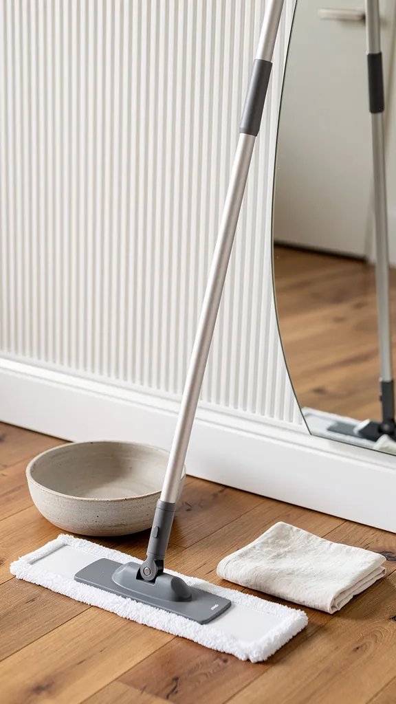 Hero focal point: standing deep clean toolkit arranged ready by the baseboard including a flat microfiber mop with washable pad. Product mode. The hero occupies the center with 60 percent weight, resting on a wide-plank honey oak floor against a white oak fluted console wall segment where fluting runs vertical in one consistent direction. Modern calm mood in soft midday light. The mop has a matte gray swiveling head and slim aluminum pole, pad pristine. Supporting props are a hand thrown stoneware bowl empty and a folded cream linen resting nearby. Background softly shows an arched frameless mirror edge and a recessed shadow gap detail at the baseboard with softly rounded edges. Single metal finish is brushed nickel on a nearby door lever blurred. No labels or text on any items. Editorial lifestyle surface context, minimal yet believable. Subtle reflections on the floor, natural shadows, no HDR sheen. Vertical 9 to
