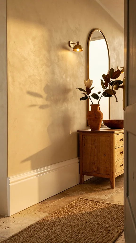 Hero focal point: freshly wiped baseboard in an entryway appearing slightly satin and dust resistant. Scene mode. Warm earthy atmosphere with late afternoon golden light skimming across travertine floor tiles and cream microcement walls. The hero runs along the left wall occupying 45 percent of the frame, a continuous white baseboard with softly rounded edges and a clean recessed shadow gap above. Architecture includes a doorway and a slice of ceiling line. Styling shows an oak console with drawers, an arched frameless mirror above, and a vintage wooden bowl on the console. A raw terracotta jug holds a single magnolia branch. Single metal finish is unlacquered brass on a small wall sconce casting warm glow. One jute runner cropped at the bottom counts as the single textile. Dust free sheen on the baseboard catches the light without gloss. Natural material textures are clearly visible. Vertical 9 to