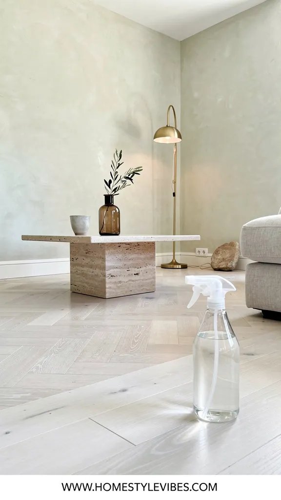 Hero focal point: a clear glass spray bottle of the core homemade floor cleaner placed on wide-plank white oak flooring. Scene mode. Modern Calm. A bright corner of a living space with lime-washed plaster walls, white oak parquet flooring, and the edge of a low-profile linen sectional visible at frame edge for context. The hero bottle occupies the front right, about half the frame weight, softly lit by midday diffused window light. A travertine plinth coffee table sits off-center with a single hand-thrown stoneware cup. Styling stays minimal. A smoked glass carafe holding a single olive branch rests on the plinth. A raw stone object anchors the far corner on the floor. One arched brass floor lamp stands in the background with subtle glow. Clean recessed shadow gaps at baseboards. No labels on the bottle. Surfaces show natural grain and restrained reflections. Vertical 9:16 composition with generous breathing room and the ceiling edge barely visible. Footer thin white strip reading WWW.HOMESTYLEVIBES.COM