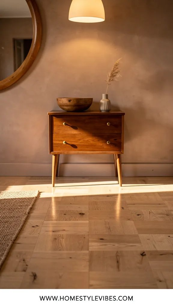Hero focal point: a freshly cleaned hardwood floor zone showing subtle sheen and tight grain, demonstrating dialed-in ratio for hardwood. Scene mode. Warm Earthy. Late afternoon golden light streams across white oak parquet, highlighting a small zone beneath a vintage oak console with drawers. Walls in soft plaster taupe, thin recessed shadow gap at the base. A round oversized mirror with oak frame partially appears at the top left. A vintage wooden bowl sits on the console beside a pleated bud vase holding a single dried pampas stem. An alabaster pendant overhead casts a warm pool onto the wall. The hero floor occupies the lower half and draws the eye with crisp reflections along the plank seams. A jute runner edges into frame without text or pattern complexity. One unlacquered brass knob detail on the console is the sole metal. Asymmetric framing, calm styling, visible depth, no tools or cleaners. Footer thin white strip reading WWW.HOMESTYLEVIBES.COM