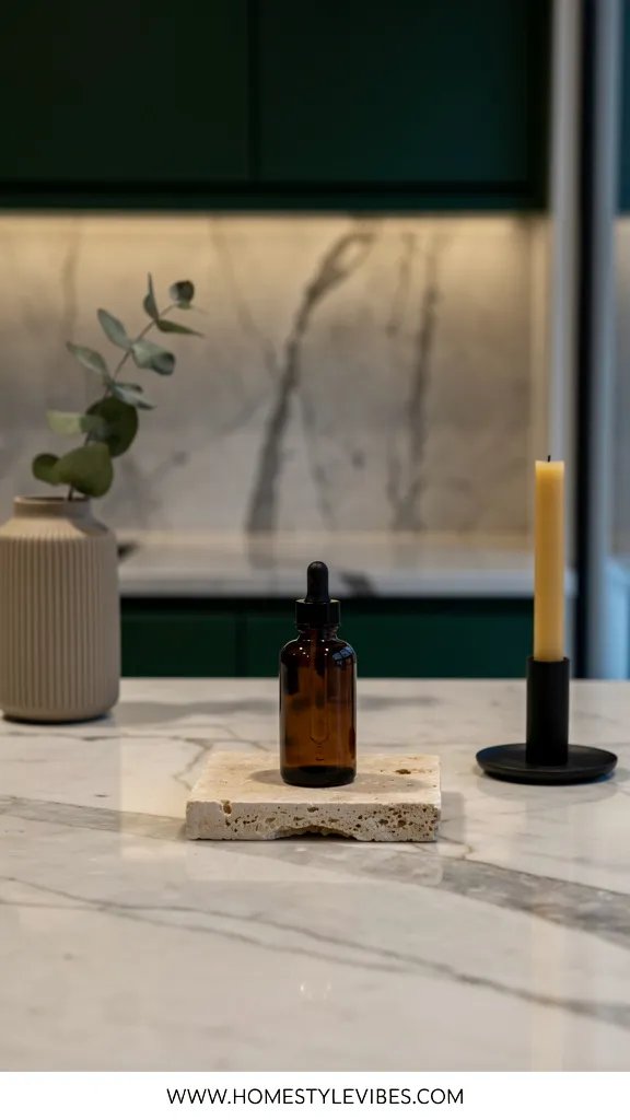 Hero focal point: a dark amber glass dropper bottle holding a concentrated scent add-in for the cleaner, centered on a polished quartzite counter with restrained veining. Product mode. Contemporary Editorial. Deep forest green flat-front cabinetry in the soft background with integrated warm under-cabinet glow. The hero bottle sits on a small raw travertine tile sample as pedestal. A ribbed ceramic vessel nearby holds a clipped eucalyptus stem. A single beeswax taper in a matte black holder sits to the side, unlit. The blurred backsplash shows large-format travertine with uniform repetition and clean transitions. Evening mood with controlled highlights. The product occupies just over half the frame weight, with shallow depth of field and natural reflections on the quartzite. No labels or text on the bottle. Composition vertical with generous breathing space and the faint edge of a window mullion suggesting architecture. Footer thin white strip reading WWW.HOMESTYLEVIBES.COM