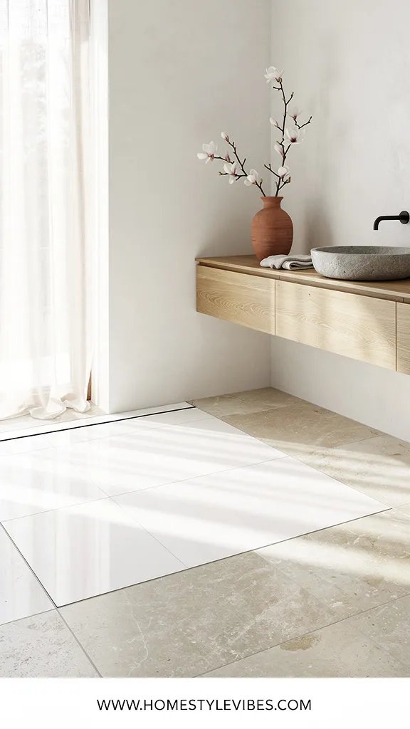 Hero focal point: a luminous porcelain tile floor section in a frameless walk-in shower with linear drain, showing the finished clean result across tile and grout. Scene mode. Bright Airy Spa. A bathroom vignette with honed limestone floor tiles running continuous into the shower, clean recessed shadow gap at wall meets floor. Walls in microcement plaster warm white. A floating oak vanity with handleless slab fronts and a stone vessel basin sits off to the side. A single matte black gooseneck faucet is the only metal finish. Soft morning light filters through sheer linen at a window edge, leaving gentle shadows. A single folded linen towel rests on the vanity. A raw terracotta jug on the vanity holds a magnolia branch. The hero shower floor occupies nearly half the frame weight, with subtle natural reflections and crisp grout lines. Architecture shows intersecting walls and a hint of ceiling edge. No tools, no bottles in frame. Footer thin white strip reading WWW.HOMESTYLEVIBES.COM