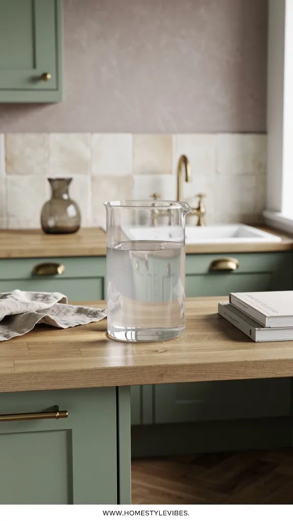 Hero focal point: a clear glass mixing jar with the floor cleaner solution on a butcher block oak counter occupying the central area. Scene mode in a shaker sage green kitchen with brass cup pulls, butcher block oak worktop, and Zellige tile in cream as backsplash. Off-center composition showing the jar as the dominant subject while cabinetry, a single window edge, and ceiling line frame the scene. Modern calm atmosphere with midday diffused light and soft taupe plastered upper wall above the backsplash. One metal finish in unlacquered brass including a bridge faucet. Supporting objects are restrained to a smoked glass carafe with water and a folded natural linen. A stack of two design books sits to the side with spines turned away. Surfaces show natural specular highlights without glare. Clean recessed shadow gap at the counter wall intersection. Vertical 9 by 16 ratio with visible floor edge of oak parquet in the lower frame. Thin white footer strip at bottom reading WWW.HOMESTYLEVIBES.COM