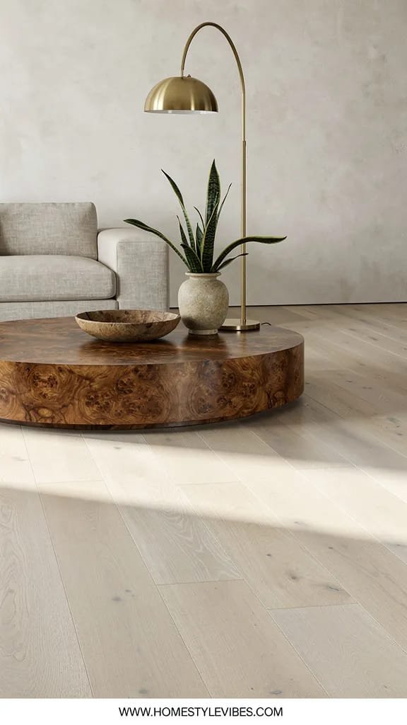 Hero focal point: a gleaming wide plank white oak floor section occupying most of the lower half in a living space, showcasing a streak free velvety finish. Scene mode in a living room with lime washed plaster walls, a low profile linen sectional in oatmeal pulled to the side, a burl wood round coffee table, and an arched brass floor lamp. Modern calm atmosphere with soft midday window light casting gentle shadows from an unseen window edge and ceiling cove line visible. One metal finish in brass across the lamp. A single stone vase on the table holds a sculptural snake plant. A vintage wooden bowl rests beside it. Oak parquet pattern is uniform with consistent grain direction and a clean shadow gap at the wall base. Off center composition with the floor as the dominant hero and furniture supporting without clutter. Vertical 9 by 16 ratio. Thin white footer strip at bottom reading WWW.HOMESTYLEVIBES.COM