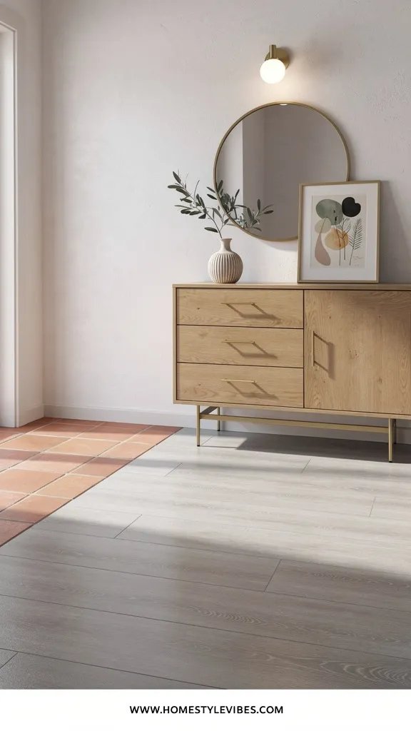 Hero focal point: a matte vinyl plank floor section in a compact entry vignette occupying the lower central area, perfectly clean and subtly reflective to show streak free clarity. Scene mode in an entryway with an oak console with drawers, a round oversized mirror with softly rounded edges, and a single brass sconce above. Modern calm atmosphere with diffused daylight from a nearby doorway edge and soft shadows. One metal finish in unlacquered brass for the sconce and console pulls. The wall is pale plaster and the floor transition to an adjacent terracotta tile zone is handled with a clean recessed shadow gap. A pleated bud vase in hand thrown stoneware sits on the console holding a single olive branch. A framed botanical print leans casually without readable text. Composition is asymmetric with the console offset and the floor surface taking 50 percent of visual weight. Vertical 9 by 16 ratio. Thin white footer strip at bottom reading WWW.HOMESTYLEVIBES.COM