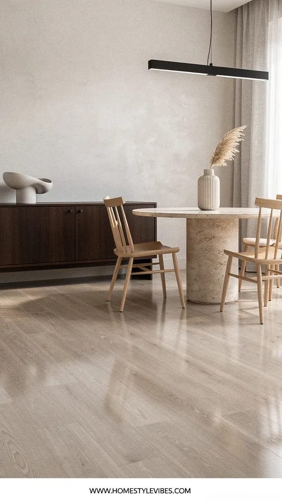 Hero focal point: a satin finish laminate floor span in a minimal dining nook occupying the foreground and midground with natural sheen, showing the finished pro mop result. Scene mode with a dark walnut veneer flat front credenza on one wall, a small round travertine pedestal table, and two oak spindle chairs. Modern calm atmosphere with midday diffused light through sheer linen curtains at a window edge, pale plaster walls, and subtle film like grain. One metal finish in matte black on a linear LED suspension above the table. A ribbed ceramic vessel centered on the table holds a dried pampas single stem. A sculptural ceramic bowl in matte off white rests on the credenza. Clean shadow gap at all base intersections and uniform wood grain direction across the laminate. Off center composition with the floor occupying about half of the visual weight and furnishings providing depth. Vertical 9 by 16 ratio. Thin white footer strip at bottom reading WWW.HOMESTYLEVIBES.COM
