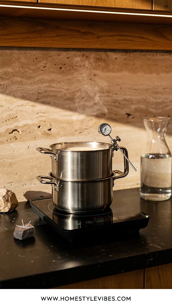 Hero focal point: a precise melt and pour setup featuring a stainless steel double boiler over an induction hob on a matte black quartzite worktop. Product mode with the hero centered slightly forward occupying most of the frame, shallow depth of field and late afternoon warm light. Warm Earthy mood with honey oak shelf edge and travertine backsplash softly lit. A calibrated thermometer clipped to the pitcher shows the realism without readable numbers. One raw stone object rests to the left as a weight for wick tabs. Steam is subtle and believable, no messy splashes, clean recessed shadow gap where backsplash meets worktop. A smoked glass carafe filled with room temperature water sits in the back right for controlled cooling. Materials read naturally with restrained specular highlights. No signage or readable markings on any device. Thin white footer strip at the bottom with WWW.HOMESTYLEVIBES.COM